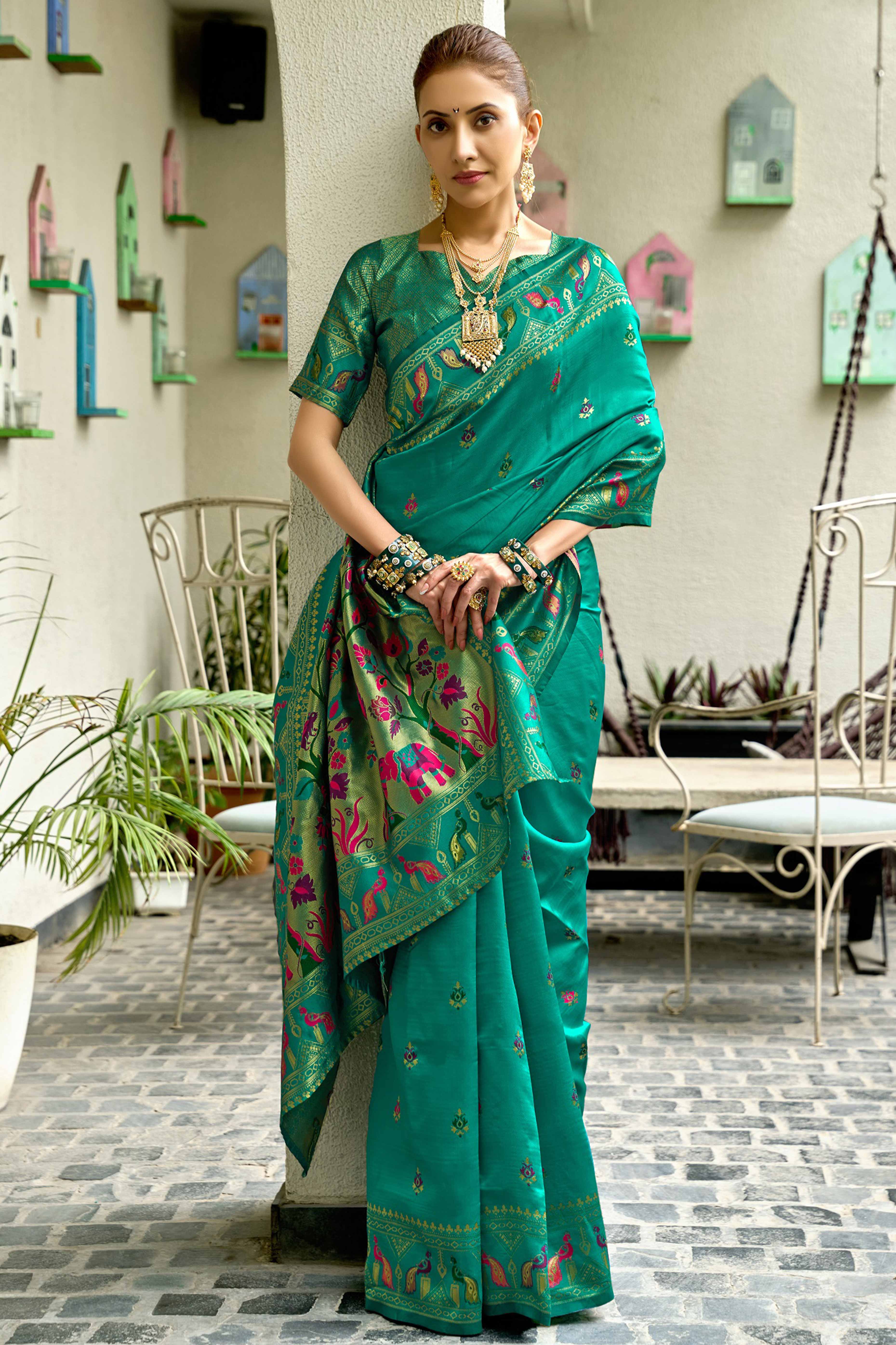 Peacock Green Paithani Style Soft Silk Saree with Zari Weaving