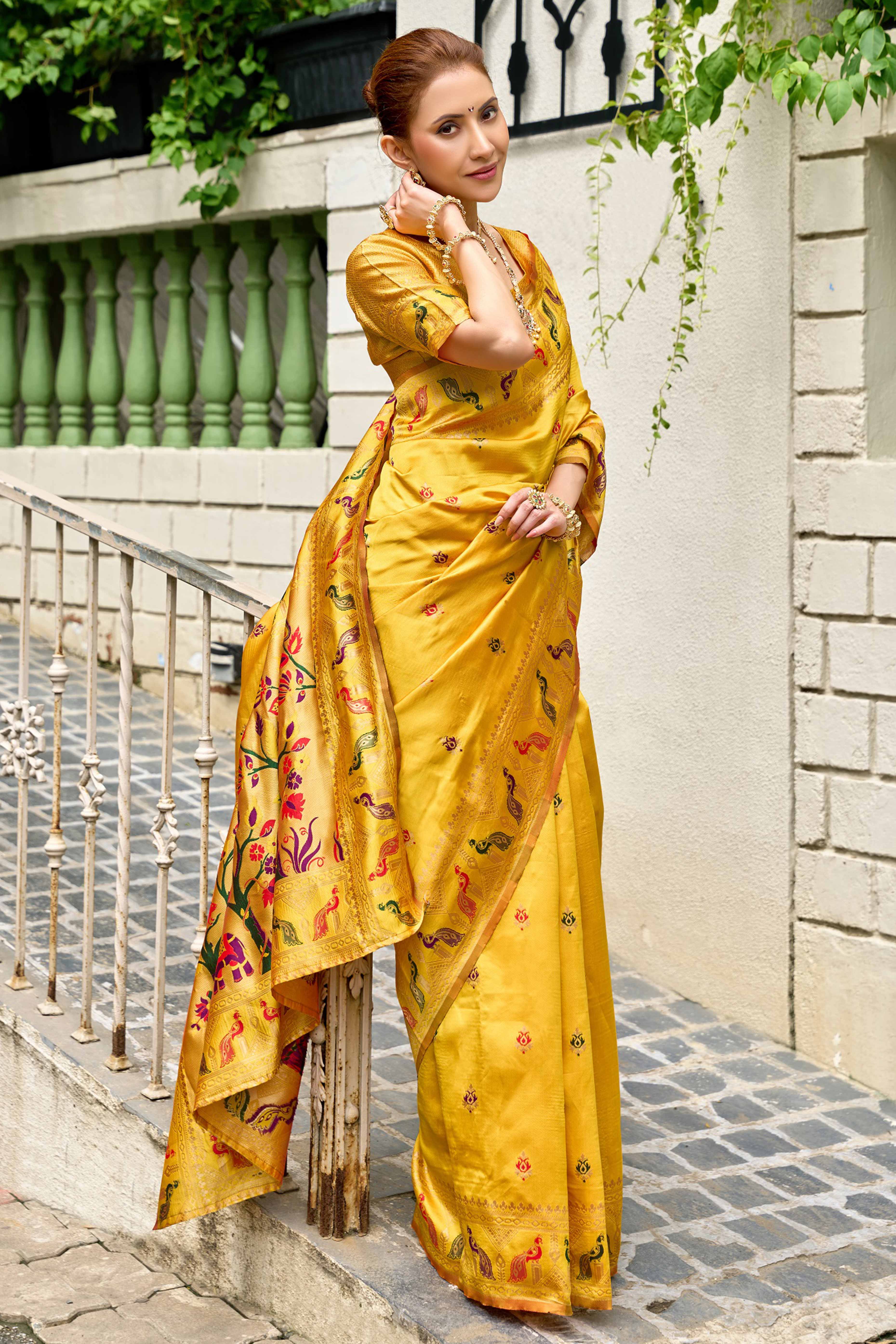 Mustard Paithani Style Soft Silk Saree with Zari Weaving