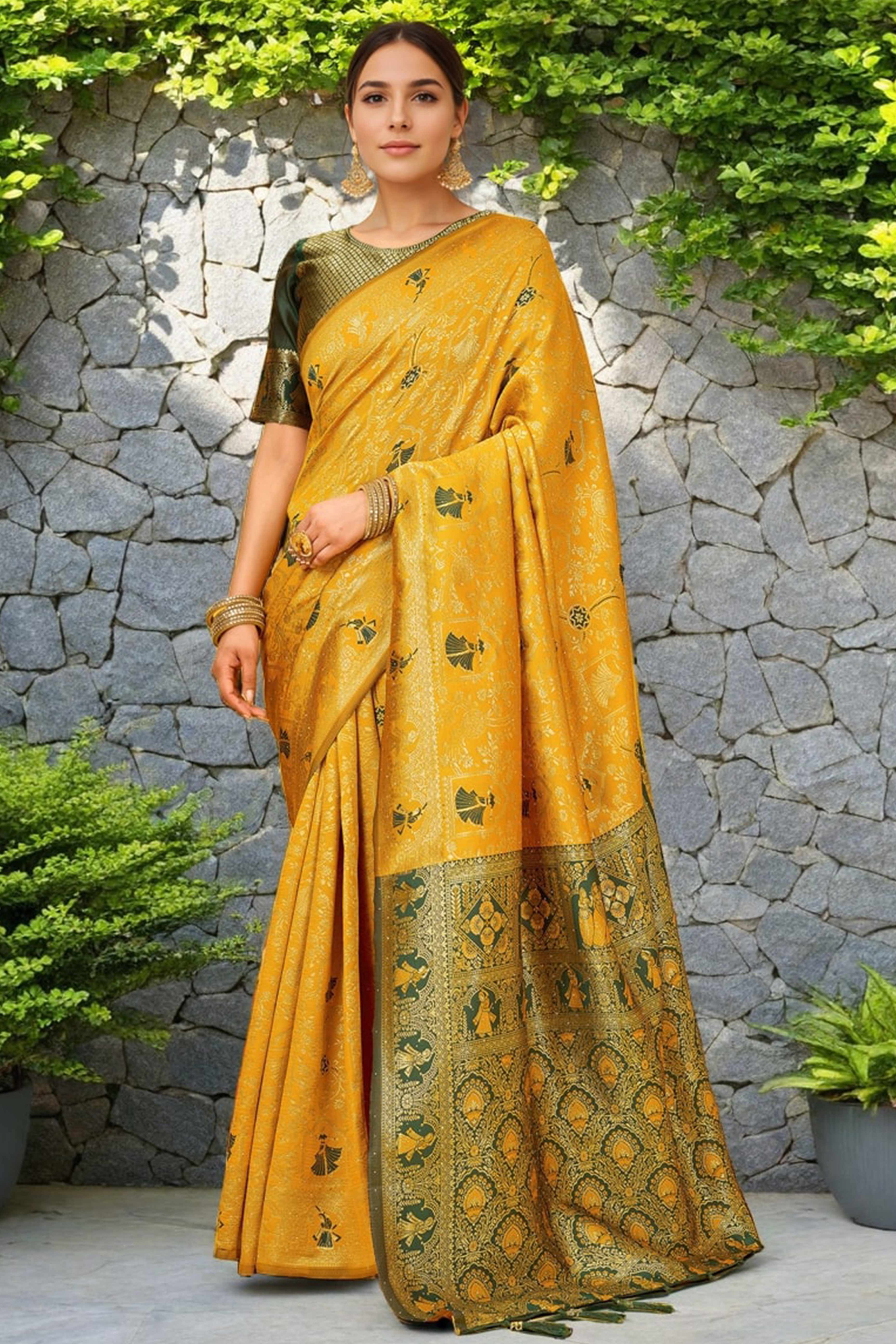 Yellow Paithani Saree In Silk Blend Highlighted With Floral Weaving & Tasselled Edge