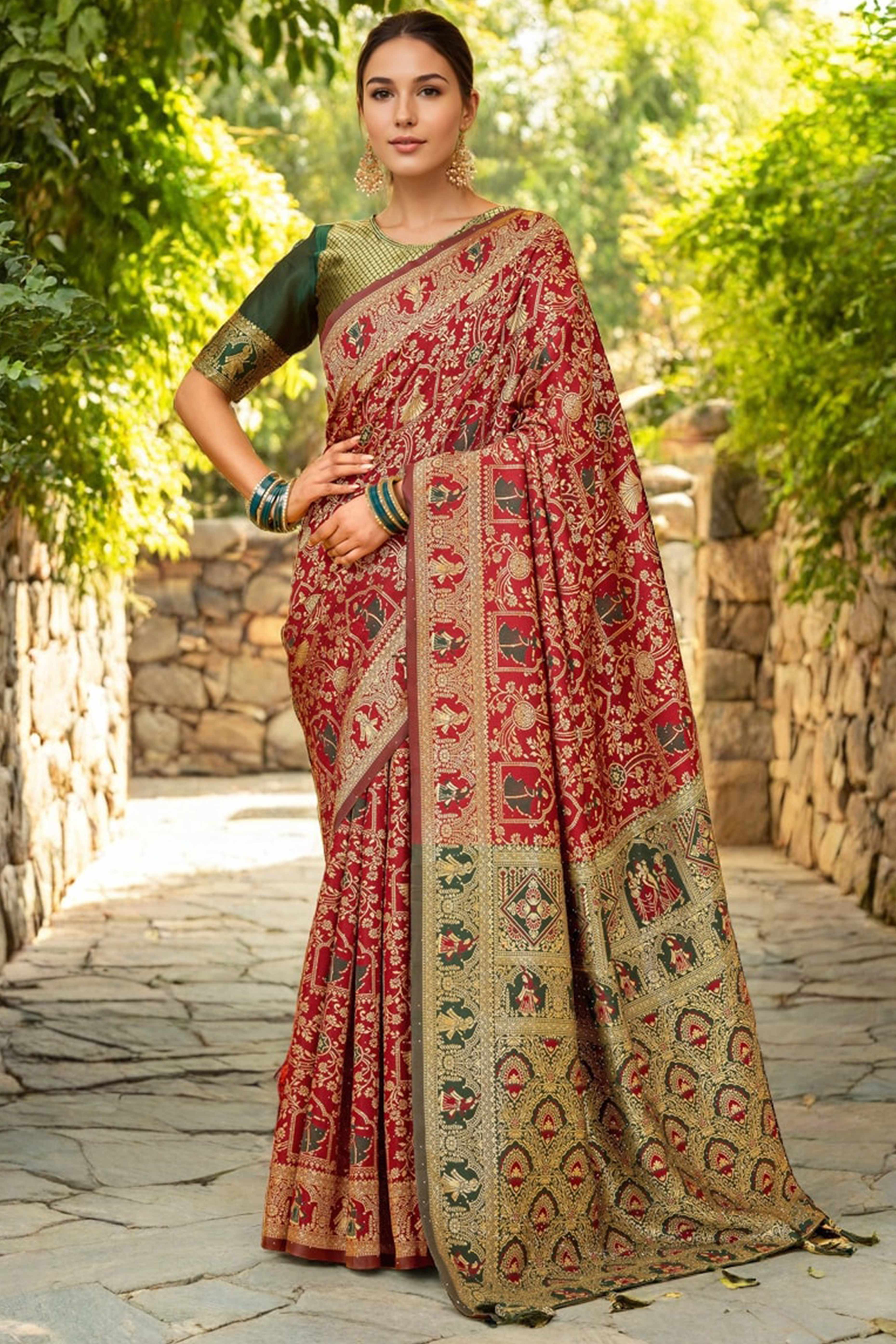 Maroon Paithani Saree In Silk Blend Highlighted With Floral Weaving & Tasselled Edge