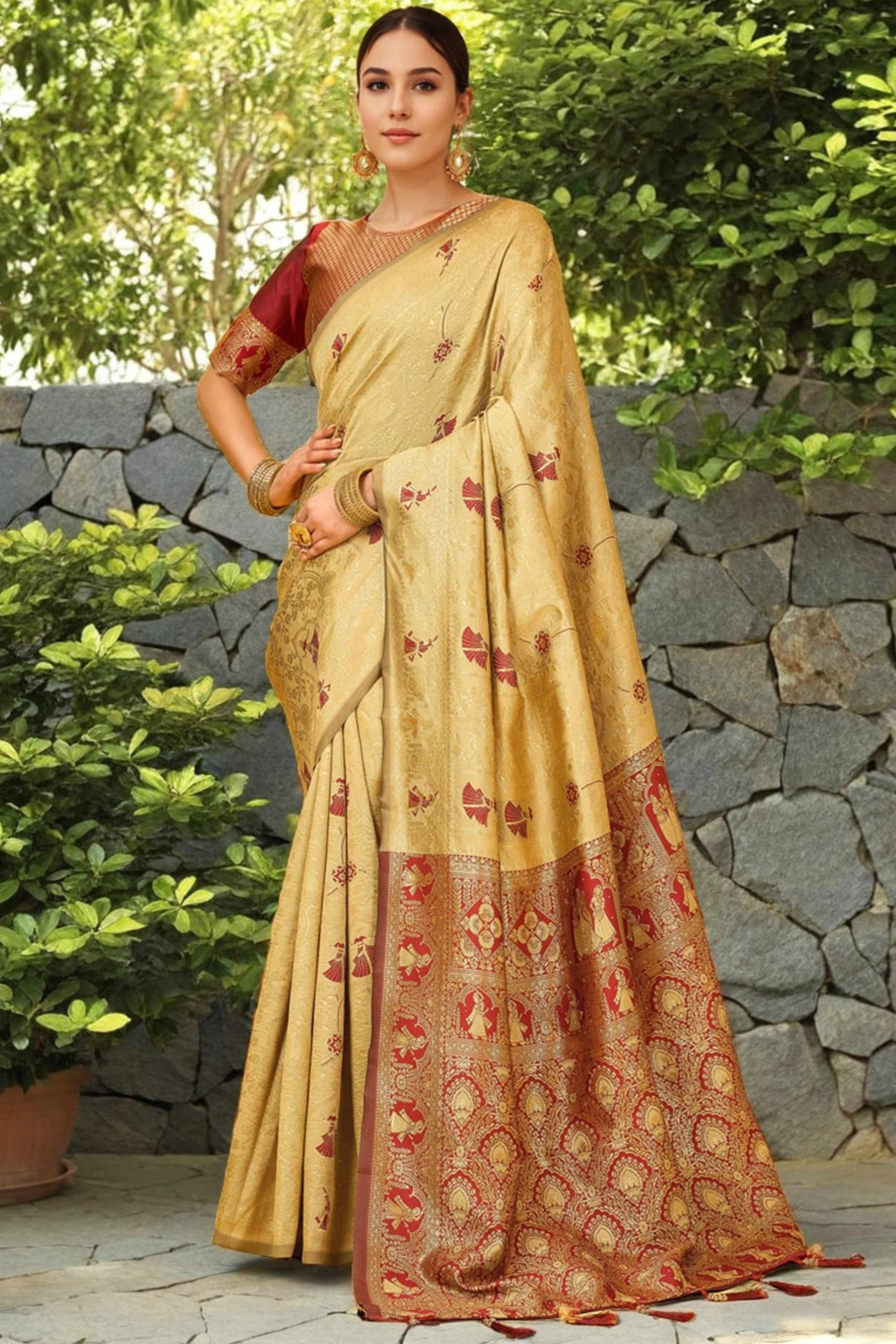 Chikoo Paithani Saree In Silk Blend Highlighted With Floral Weaving & Tasselled Edge