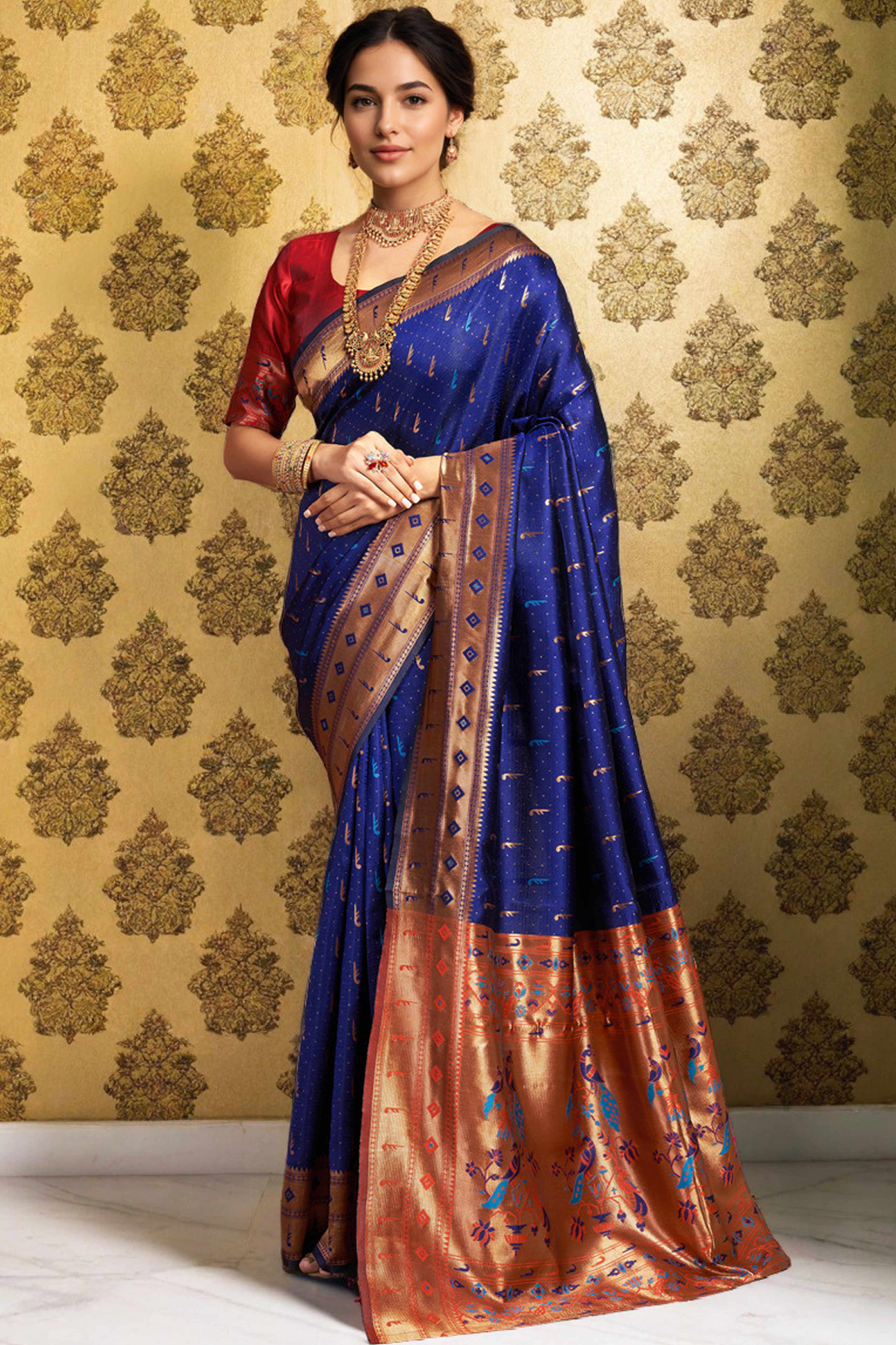 Navy Blue Silk Blend Paithani Saree Adorned With Zari Weaving & Peacock Motif Pallu