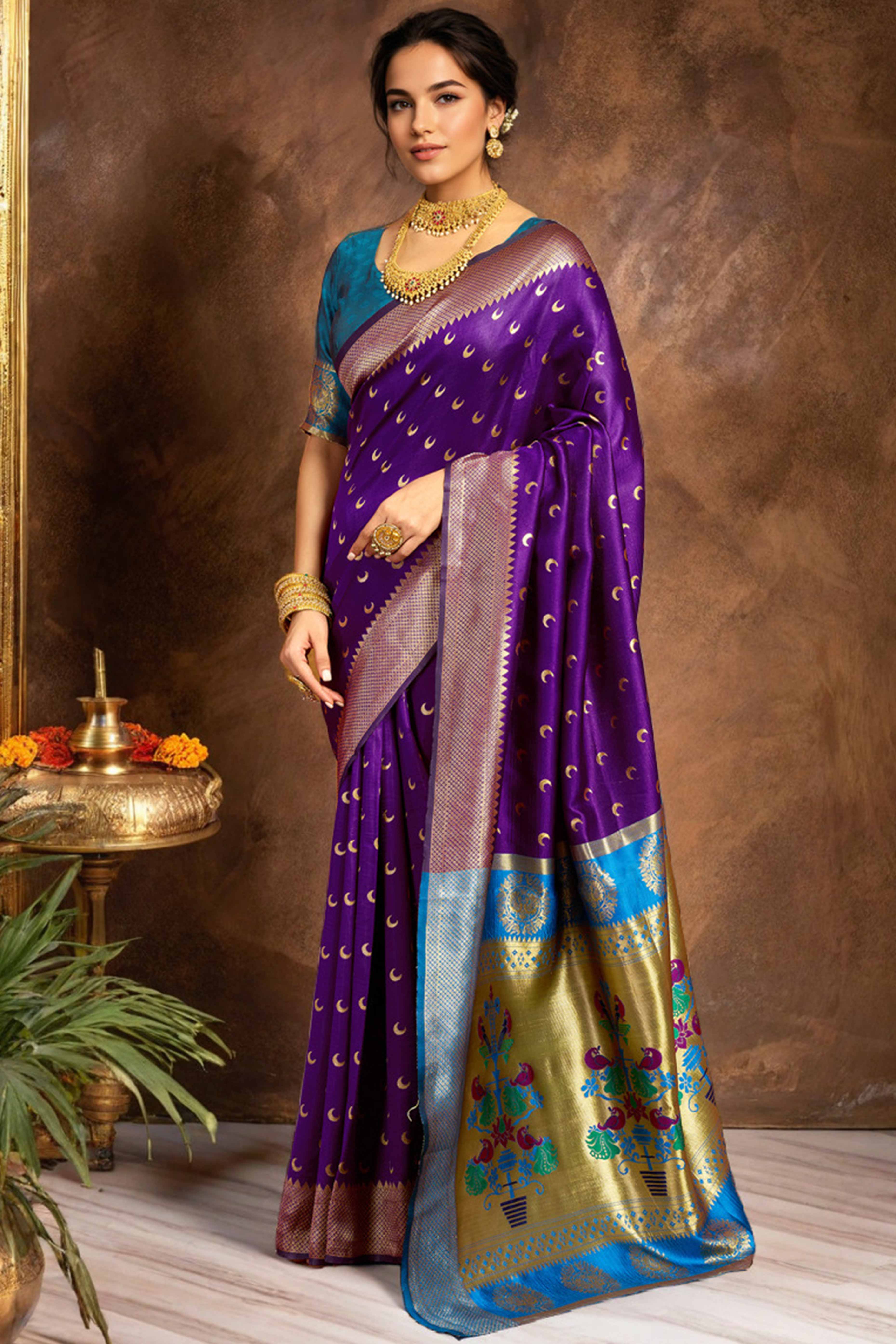 Purple Chandrakor Paithani Silk Blend Saree With Intricate Zari Weaving