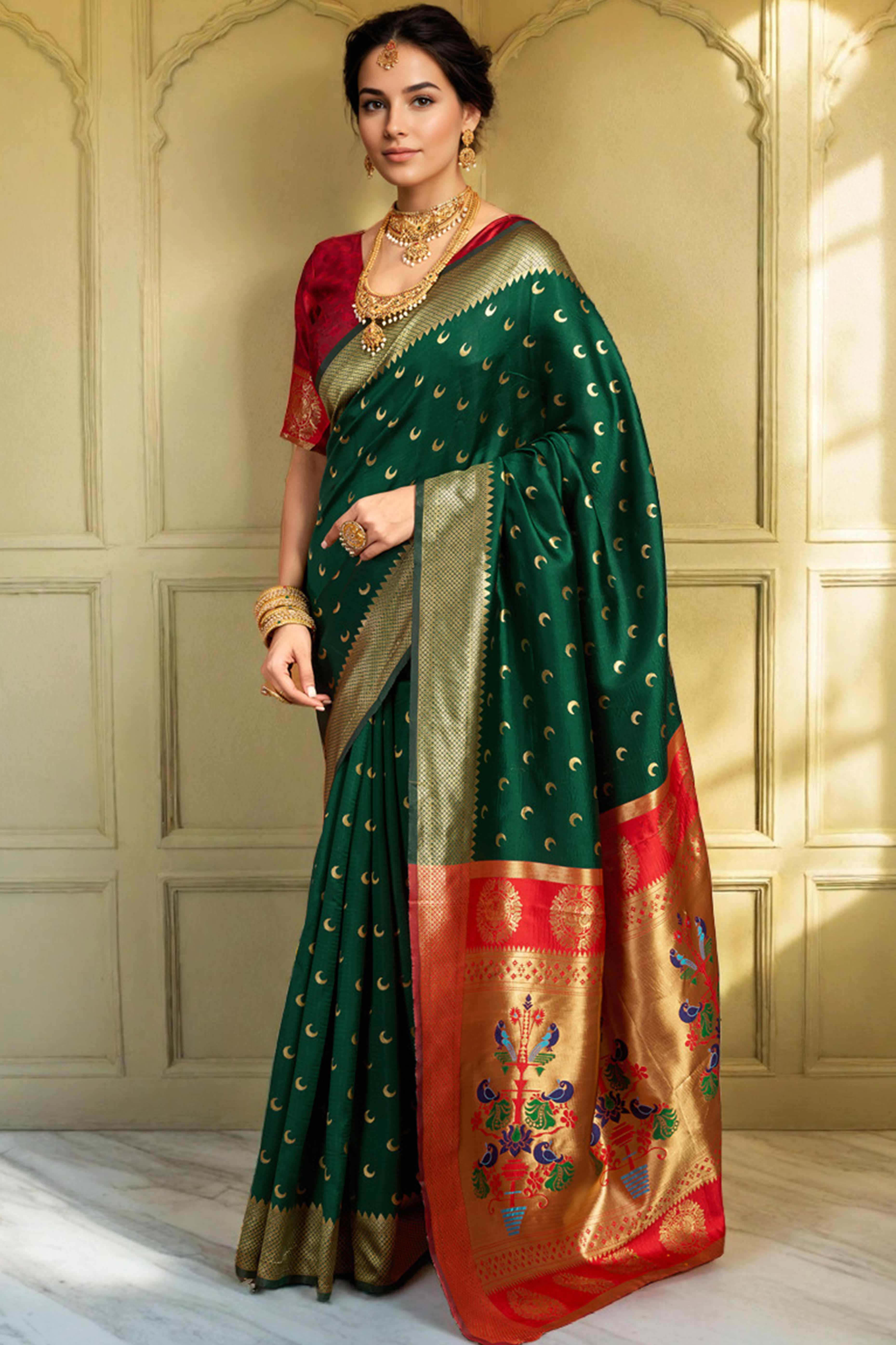 Green Chandrakor Paithani Silk Blend Saree With Intricate Zari Weaving