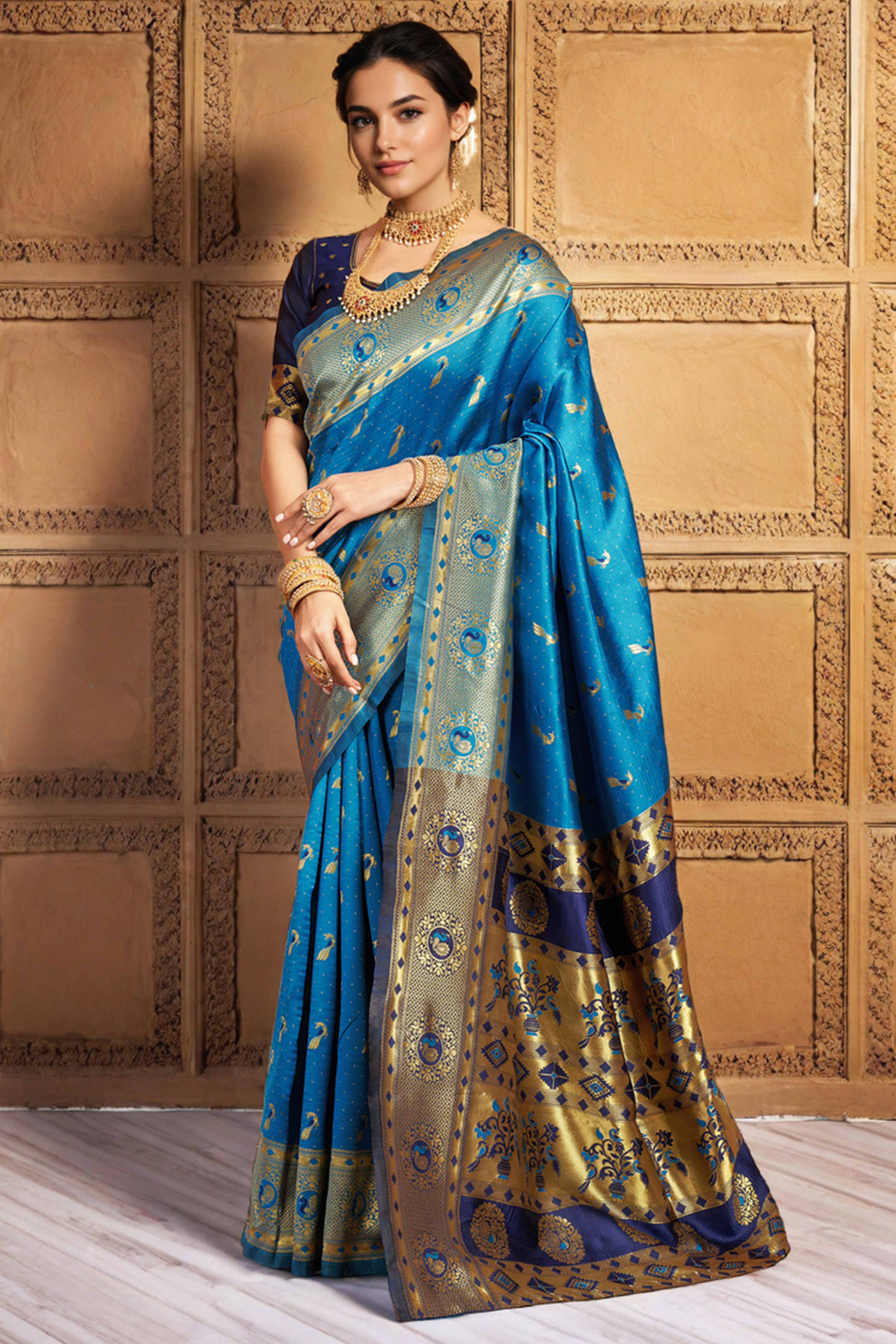 Blue Paithani Silk Blend Saree Featuring Intricate Zari Peacock & Floral Weaving