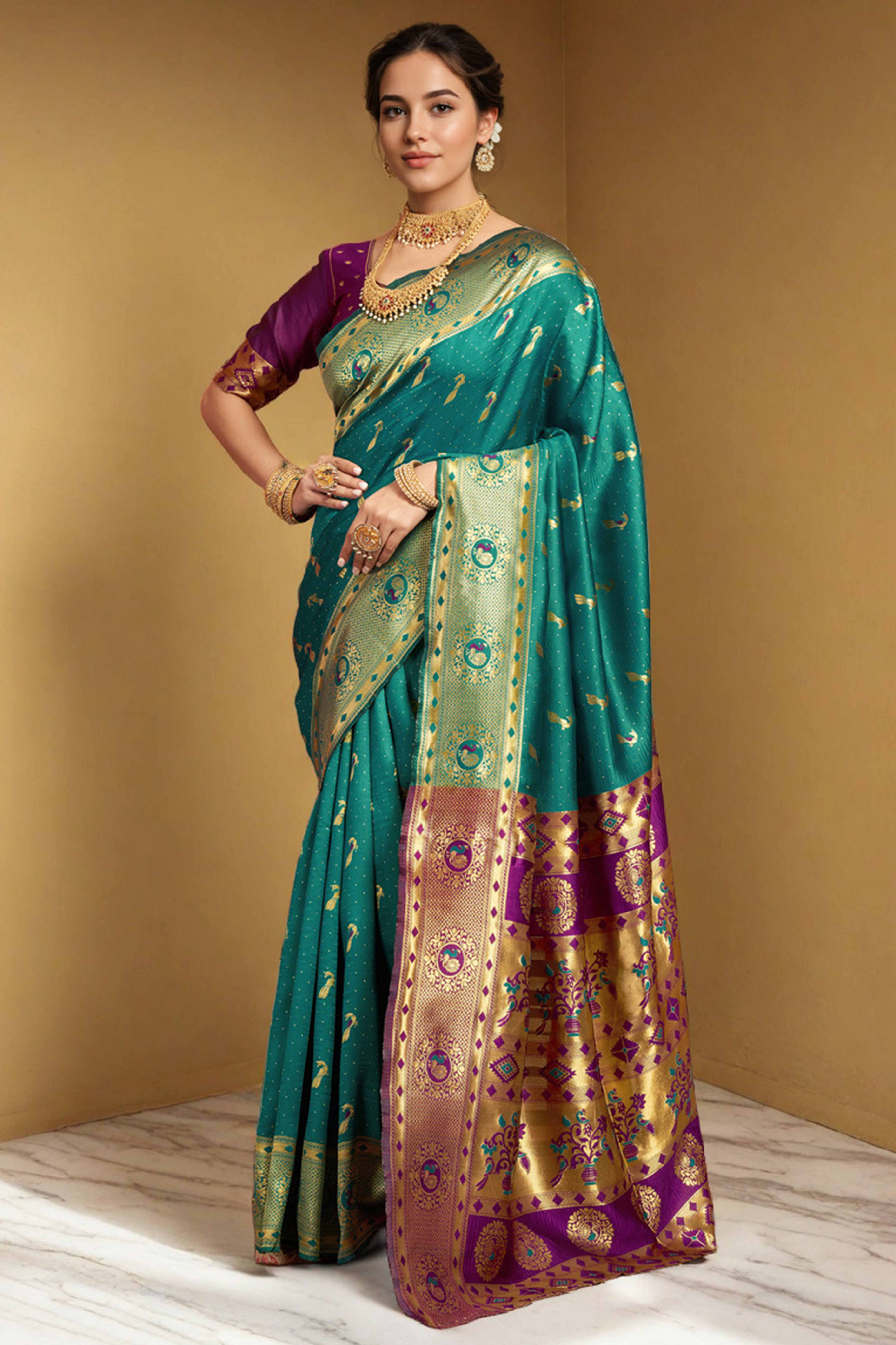 Rama Green Paithani Silk Blend Saree Featuring Intricate Zari Peacock & Floral Weaving