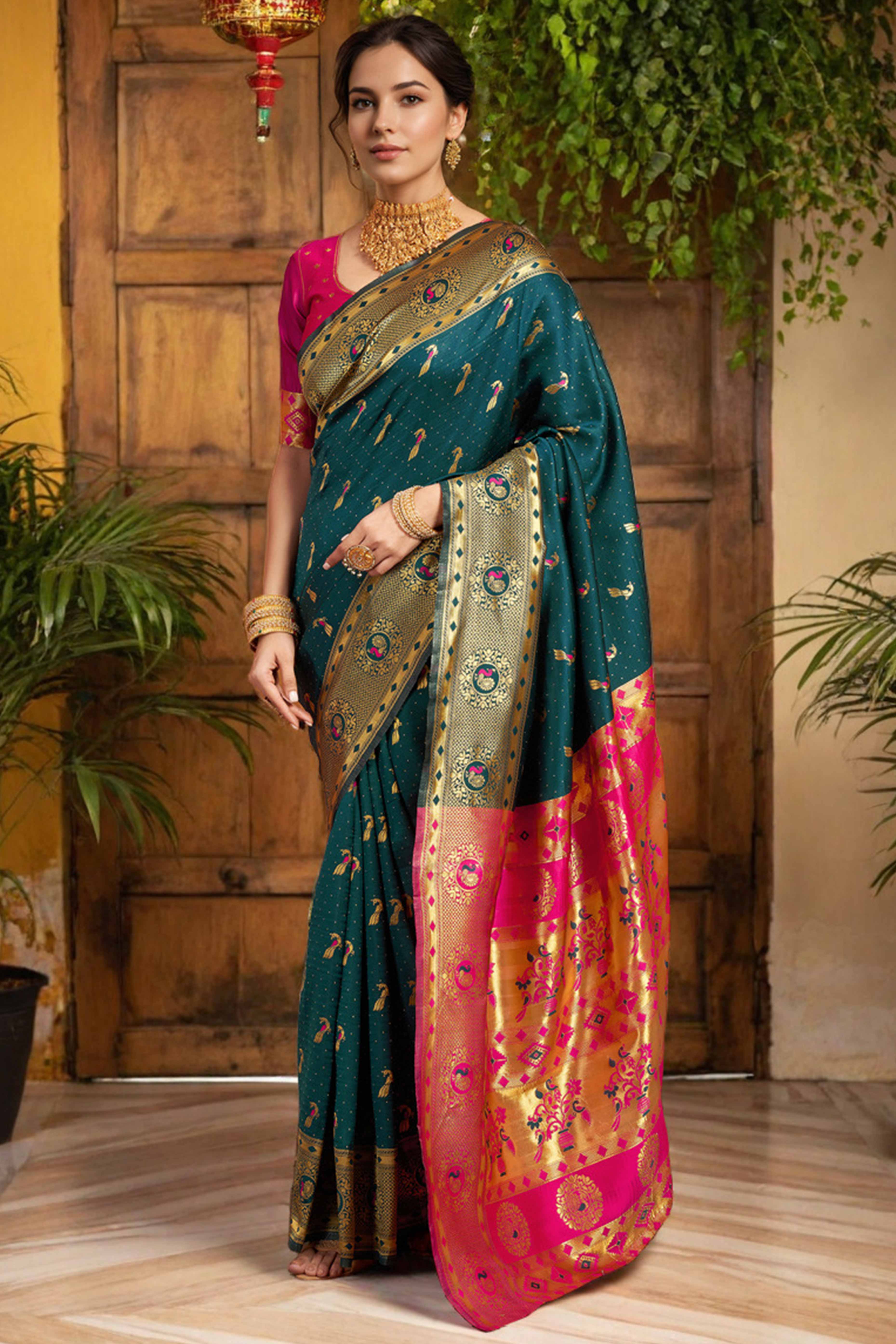 Teal Paithani Silk Blend Saree Featuring Intricate Zari Peacock & Floral Weaving