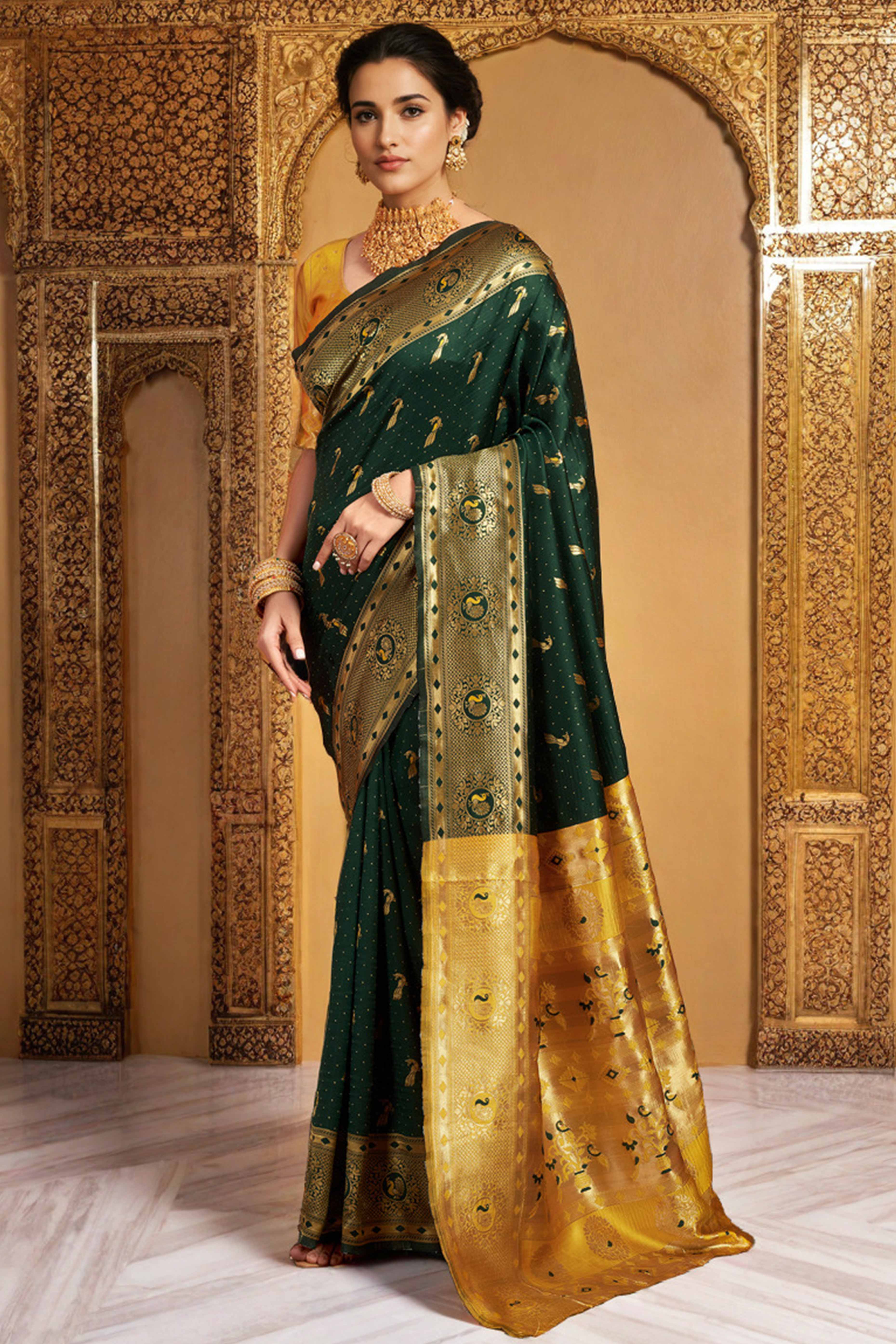 Green Paithani Silk Blend Saree Featuring Intricate Zari Peacock & Floral Weaving