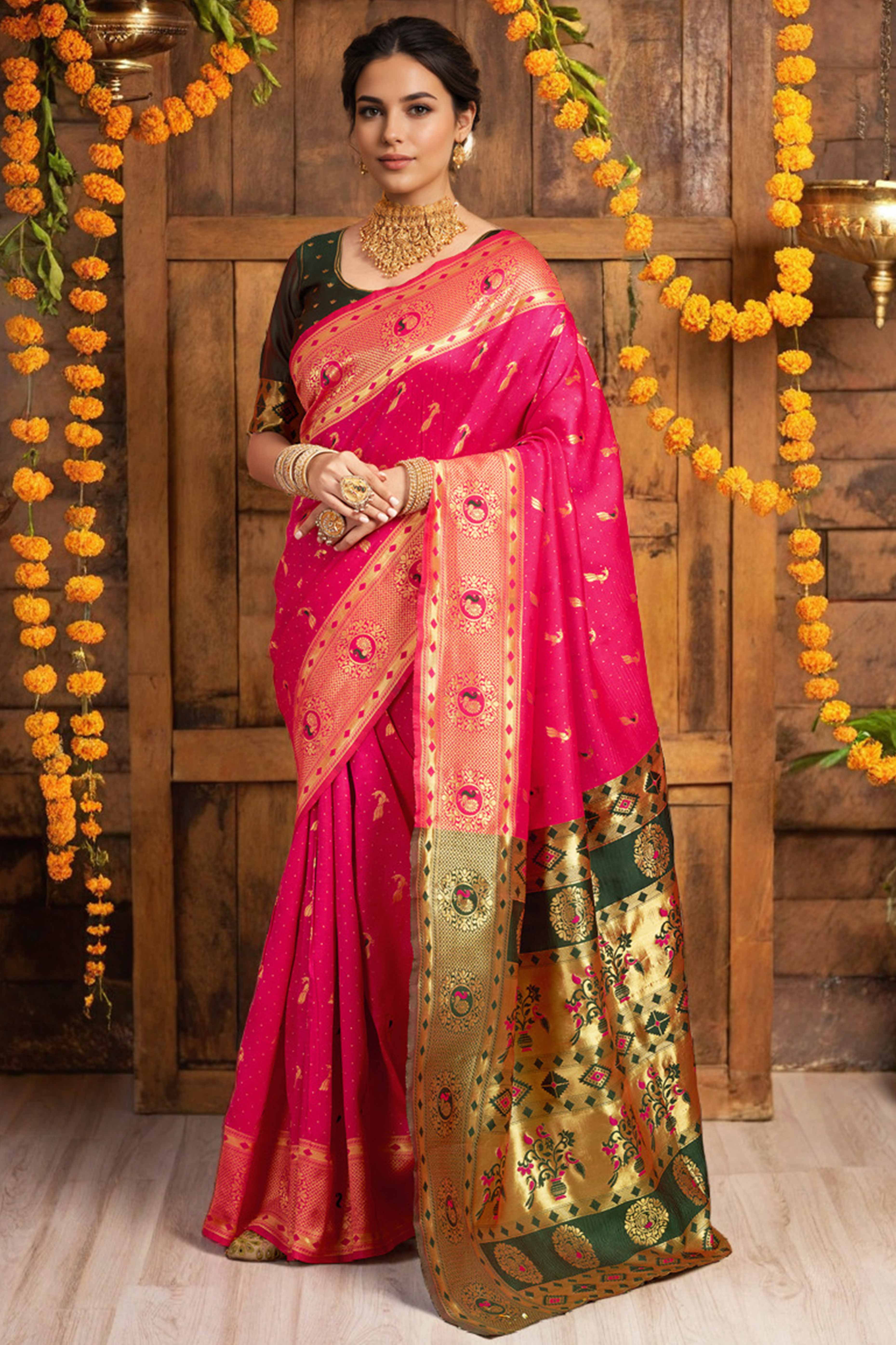 Pink Paithani Silk Blend Saree Featuring Intricate Zari Peacock & Floral Weaving