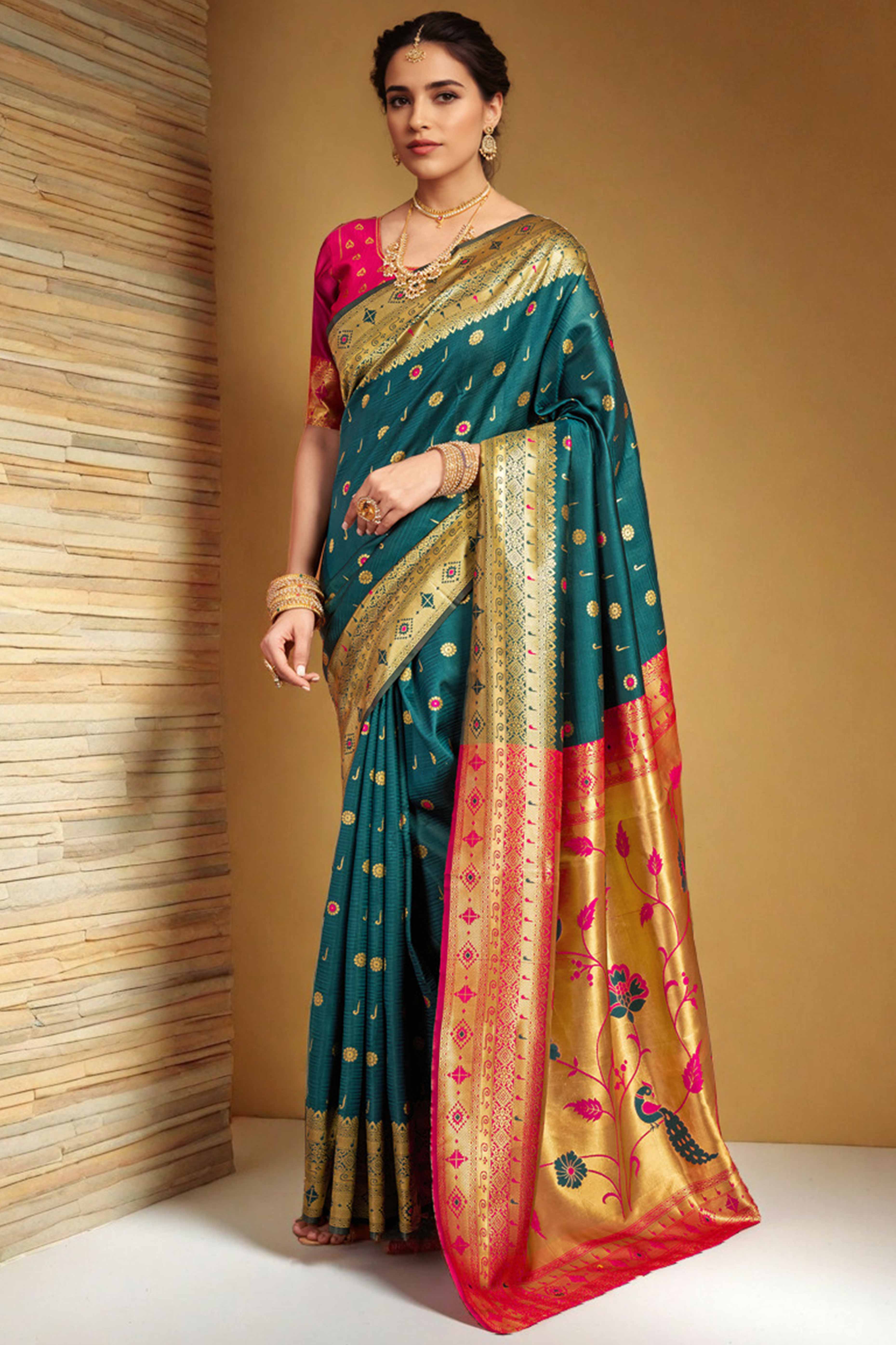 Teal Silk Blend Saree With Traditional Paithani Zari Weaving Of Peacock & Floral Designs