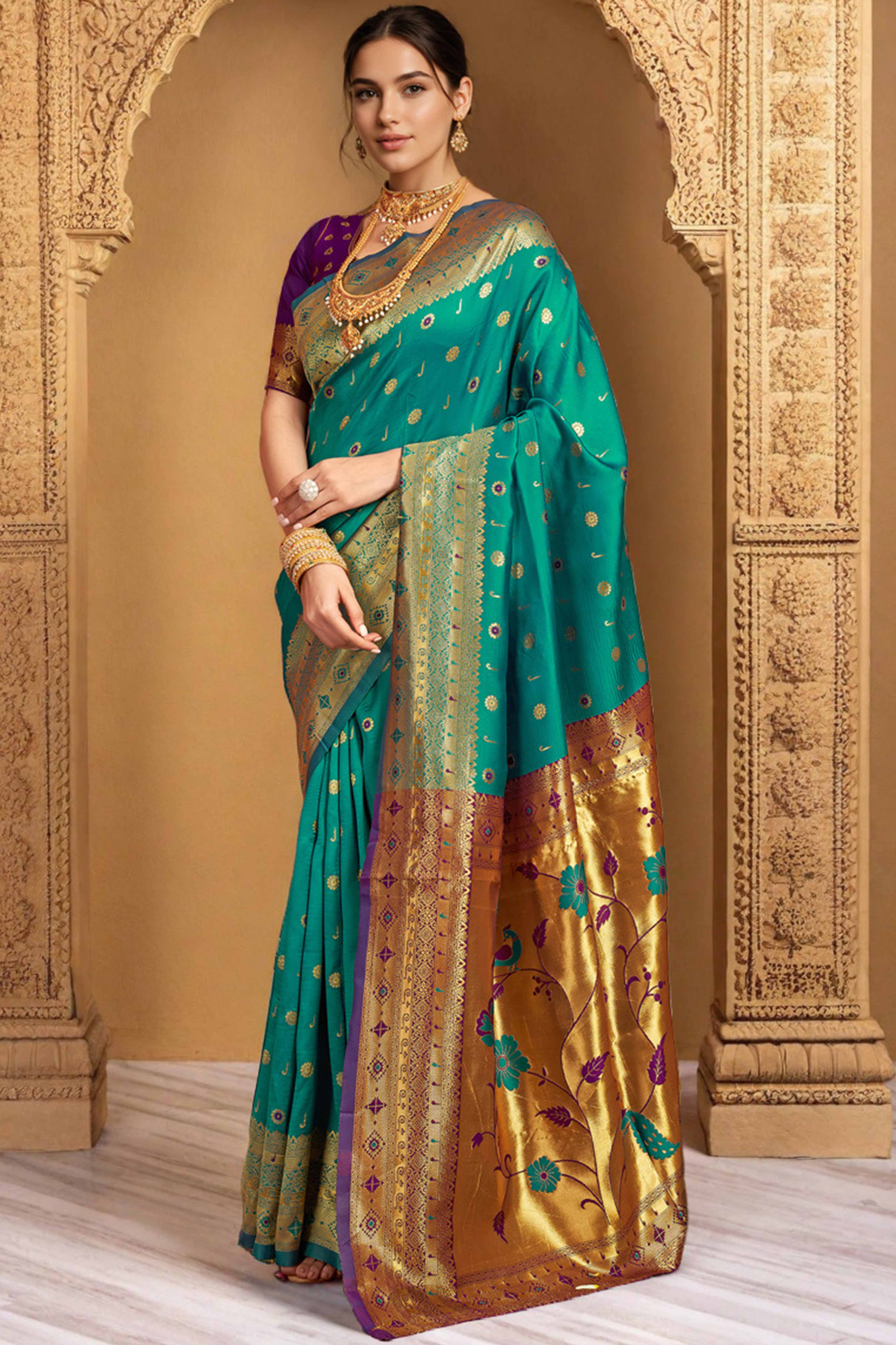 Rama Green Silk Blend Saree With Traditional Paithani Zari Weaving Of Peacock & Floral Designs