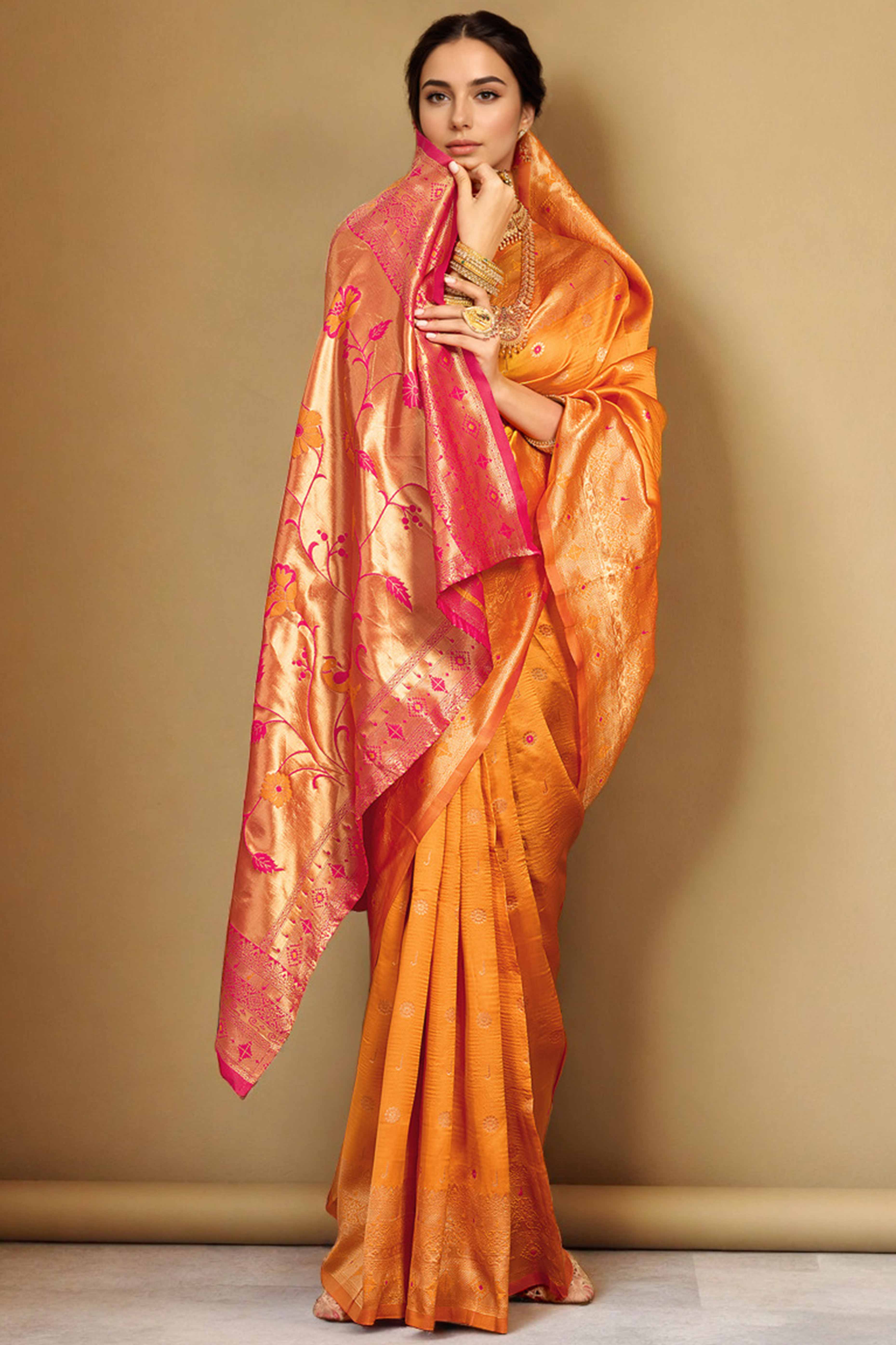 Orange Silk Blend Saree With Traditional Paithani Zari Weaving Of Peacock & Floral Designs