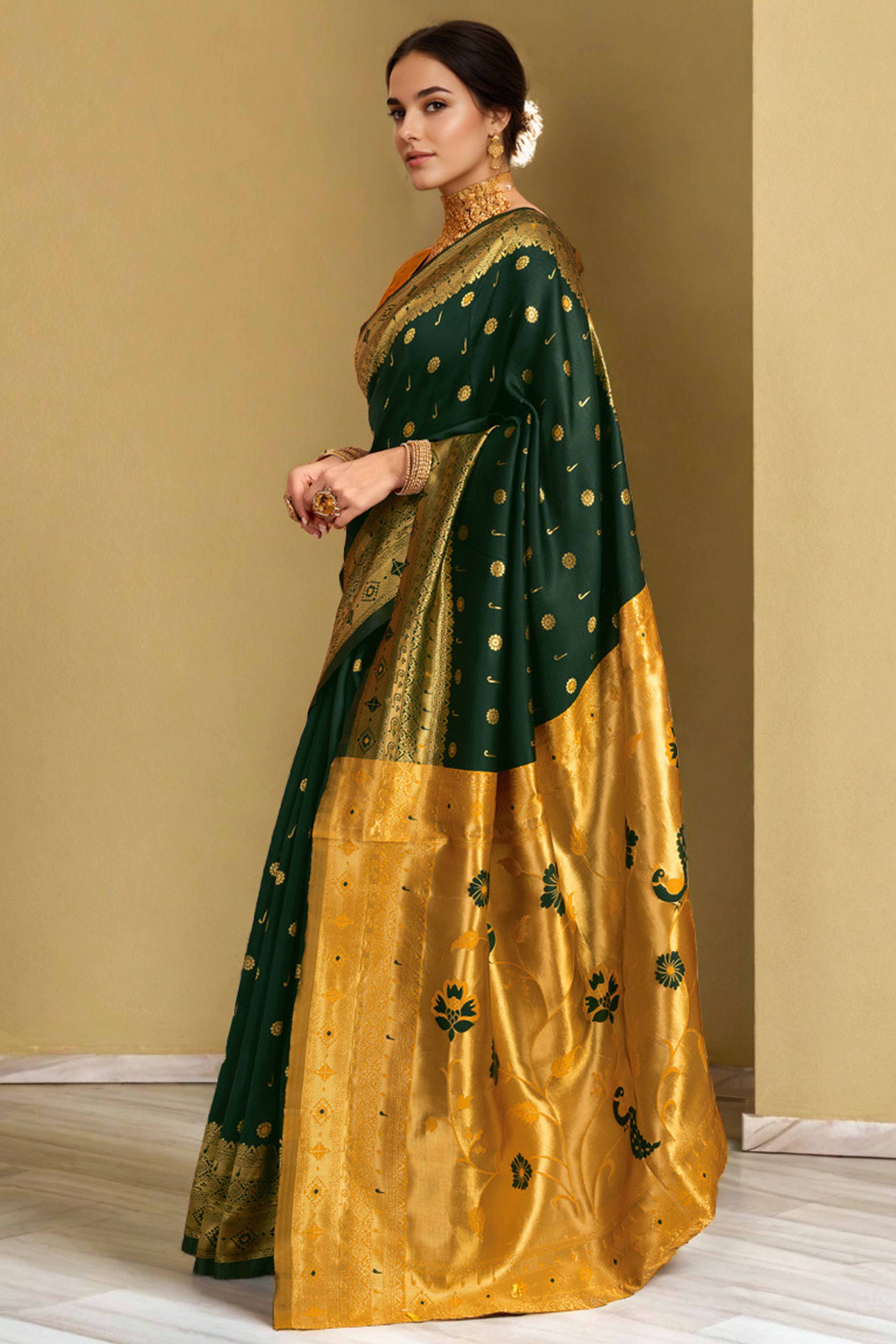 Dark Green Silk Blend Saree With Traditional Paithani Zari Weaving Of Peacock & Floral Designs