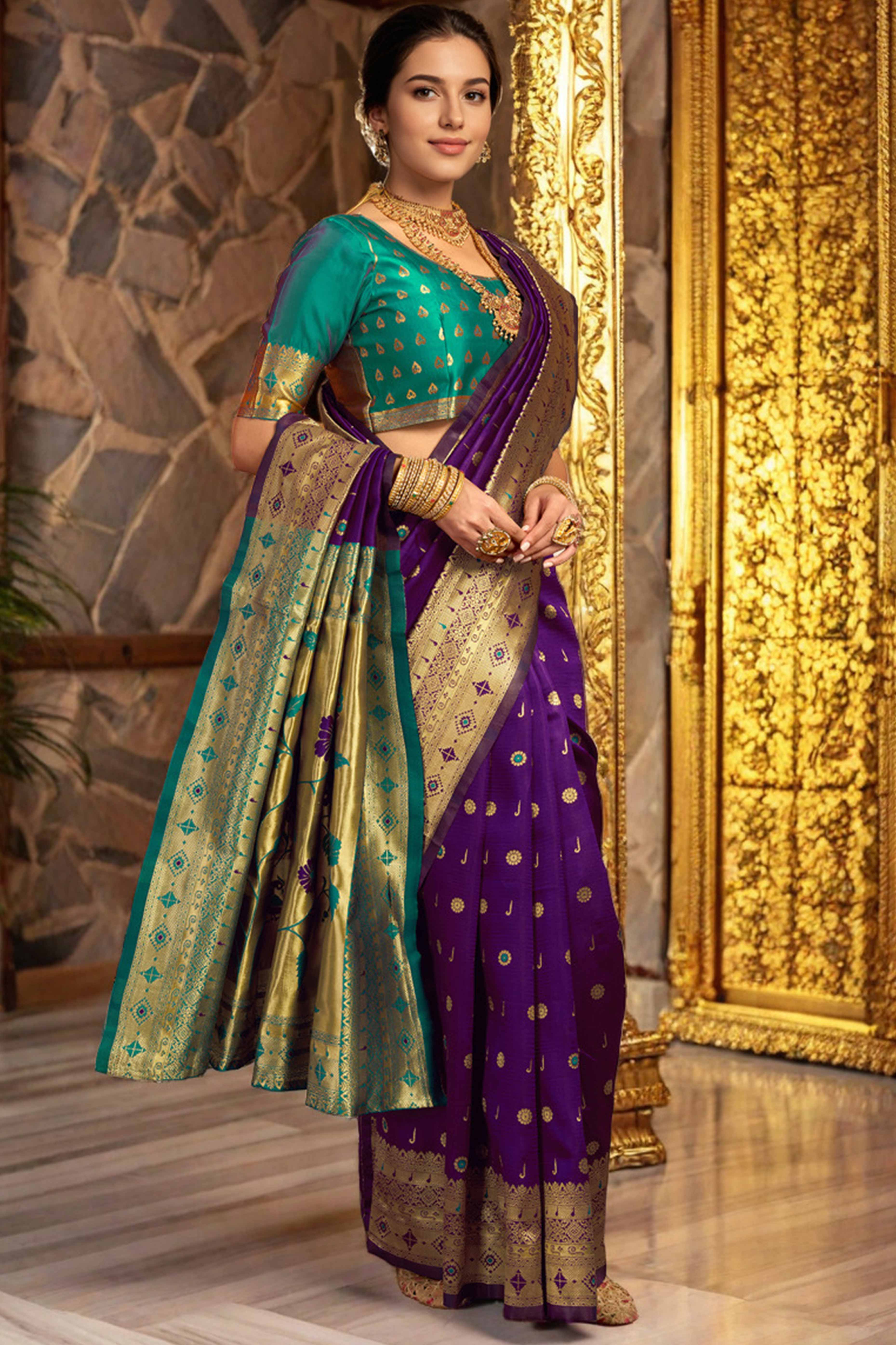 Purple Silk Blend Saree With Traditional Paithani Zari Weaving Of Peacock & Floral Designs