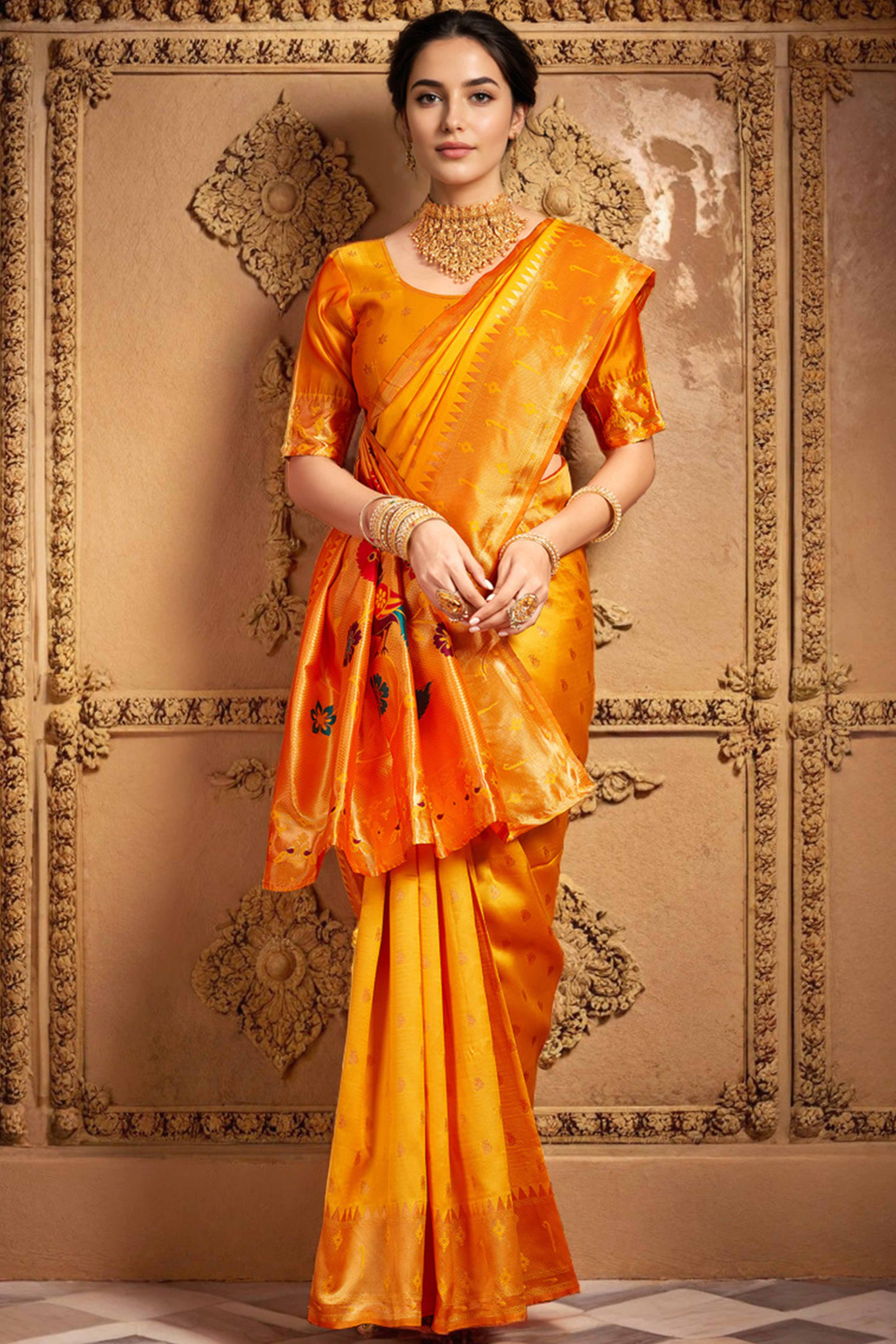 Orange Paithani Saree In Silk Blend Highlighted With Zari Woven Peacock & Floral Motifs