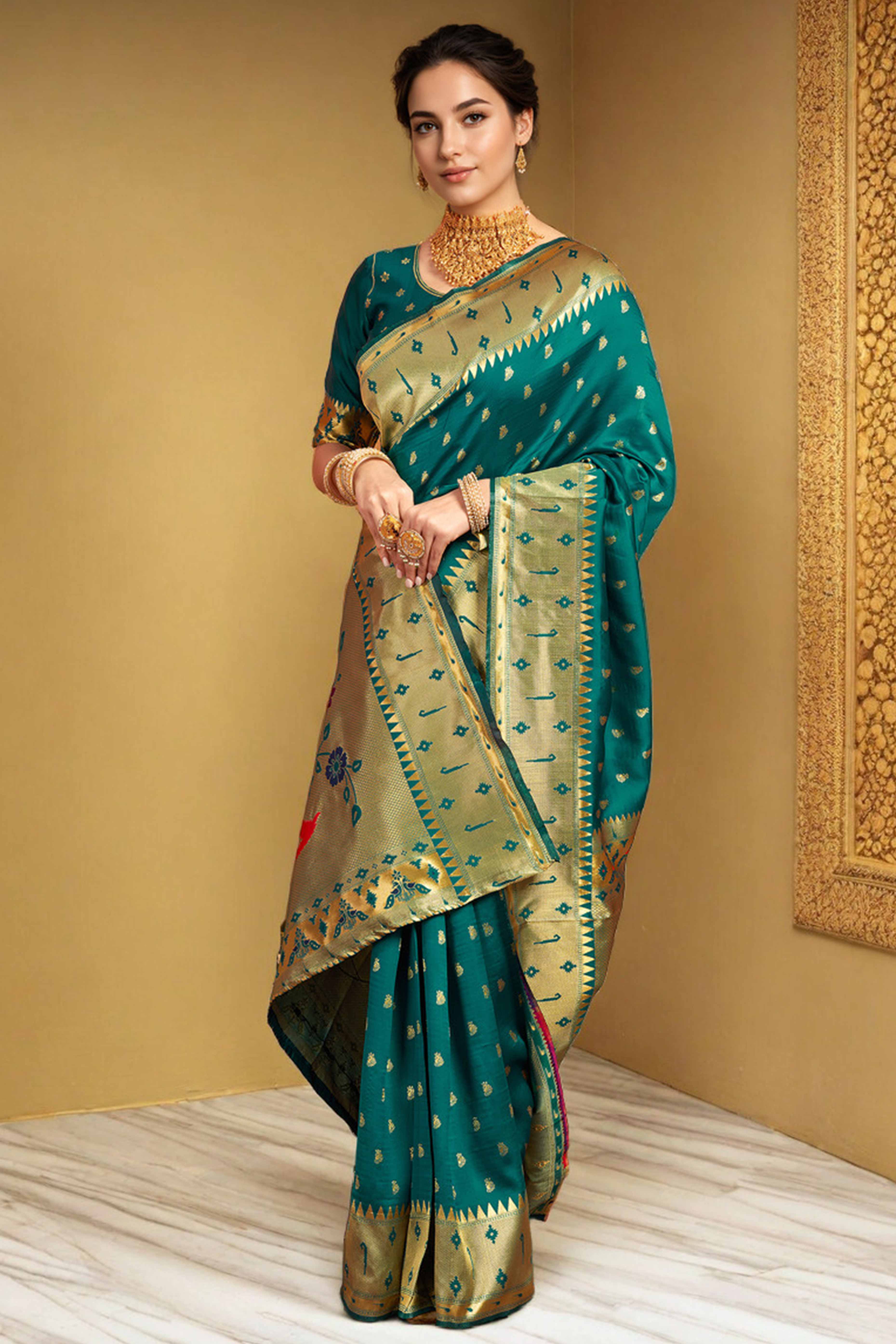 Teal Green Paithani Saree In Silk Blend Highlighted With Zari Woven Peacock & Floral Motifs