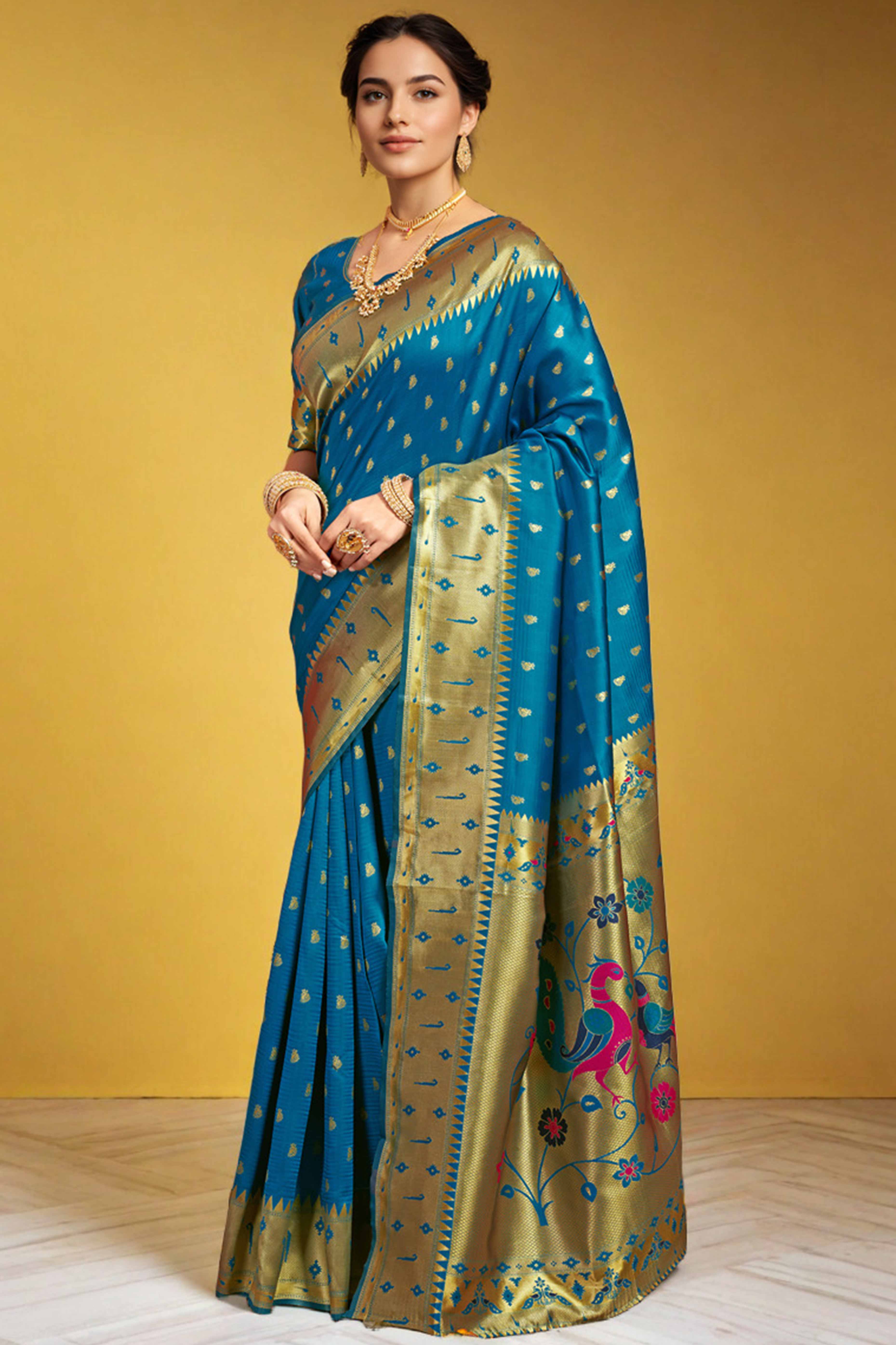 Blue Paithani Saree In Silk Blend Highlighted With Zari Woven Peacock & Floral Motifs