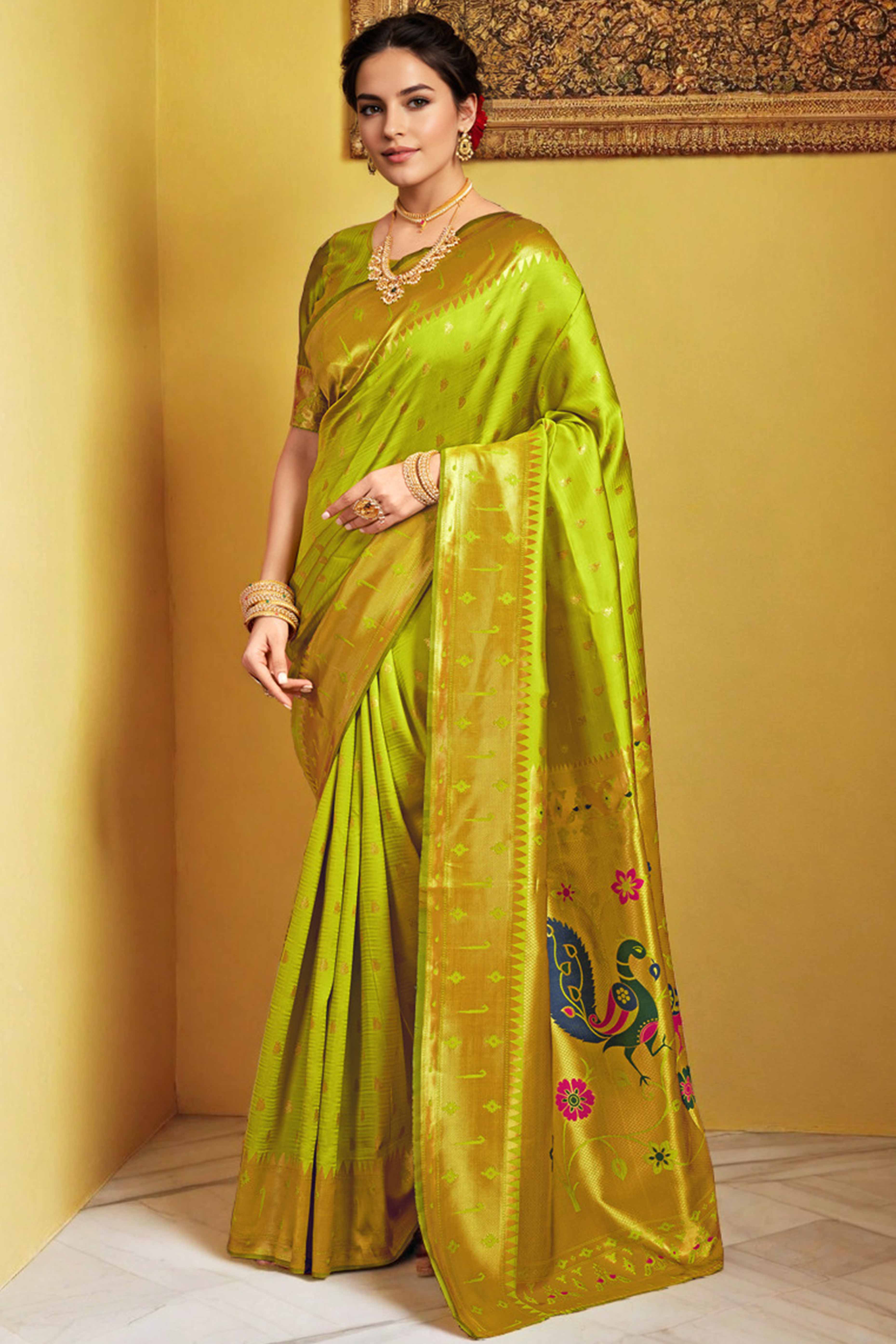 Lime Green Paithani Saree In Silk Blend Highlighted With Zari Woven Peacock & Floral Motifs