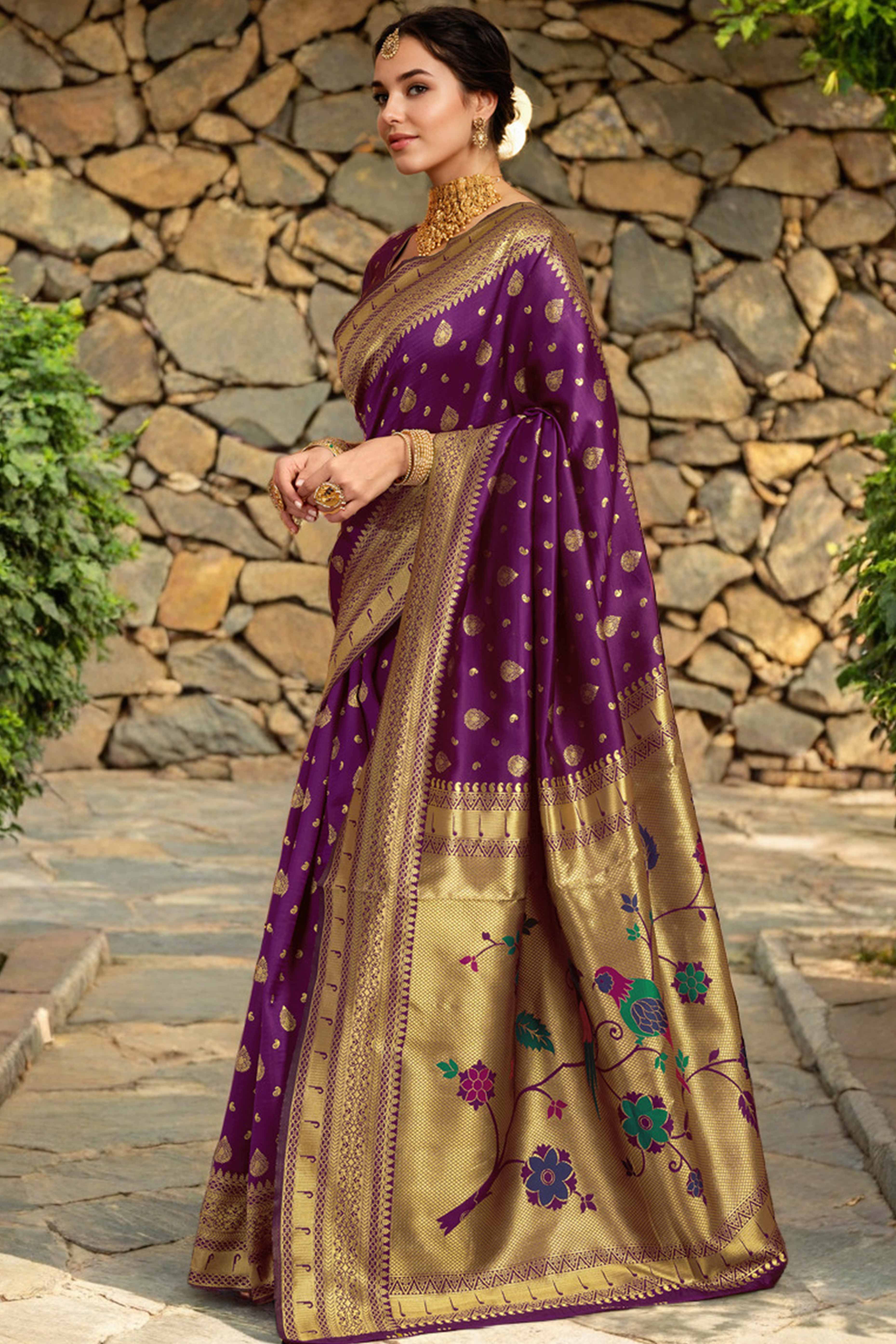 Purple Silk Blend Paithani Saree Showcasing Rich Zari Weaving With Birds & Floral Accents