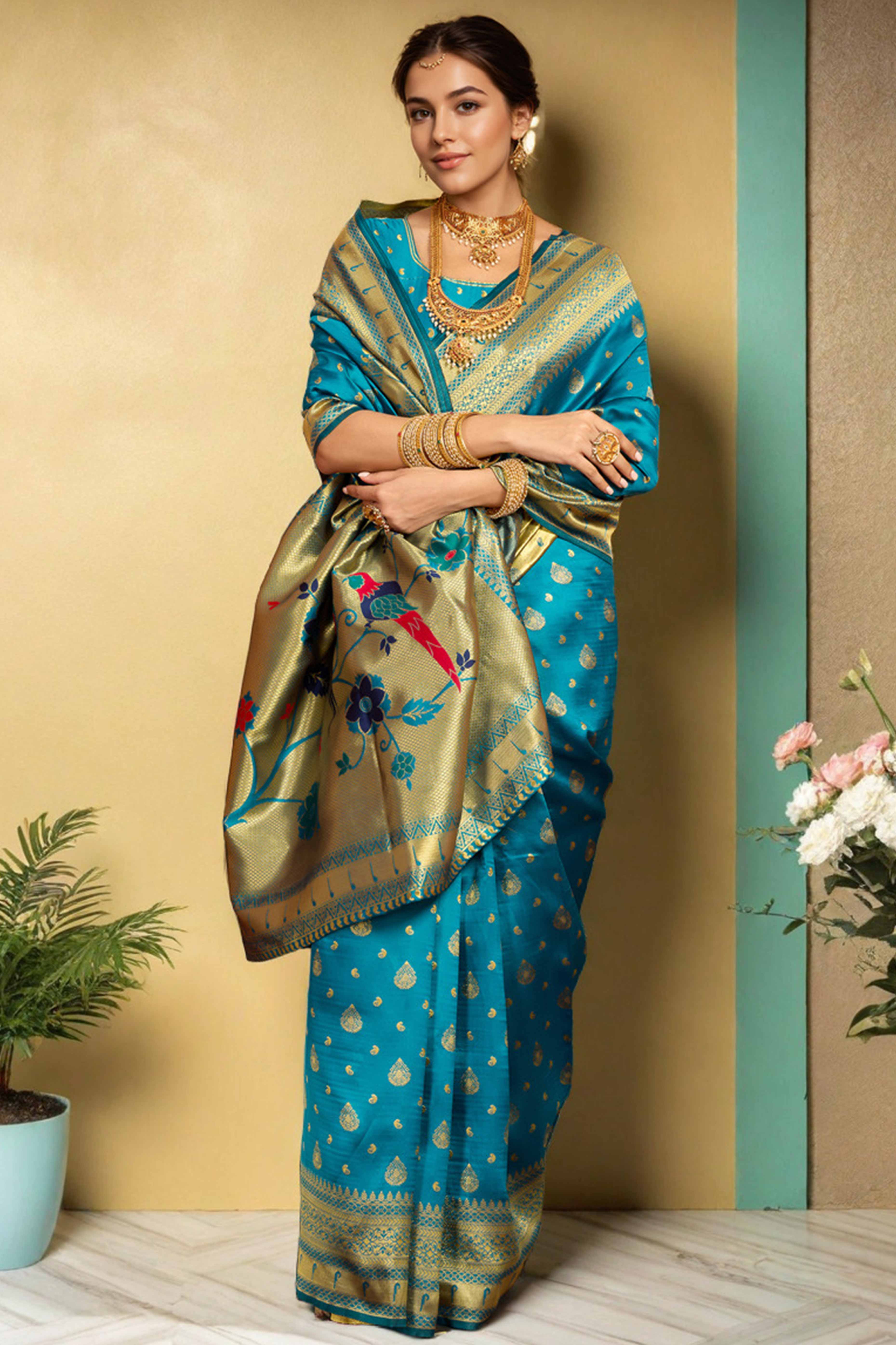 Blue Silk Blend Paithani Saree Showcasing Rich Zari Weaving With Birds & Floral Accents