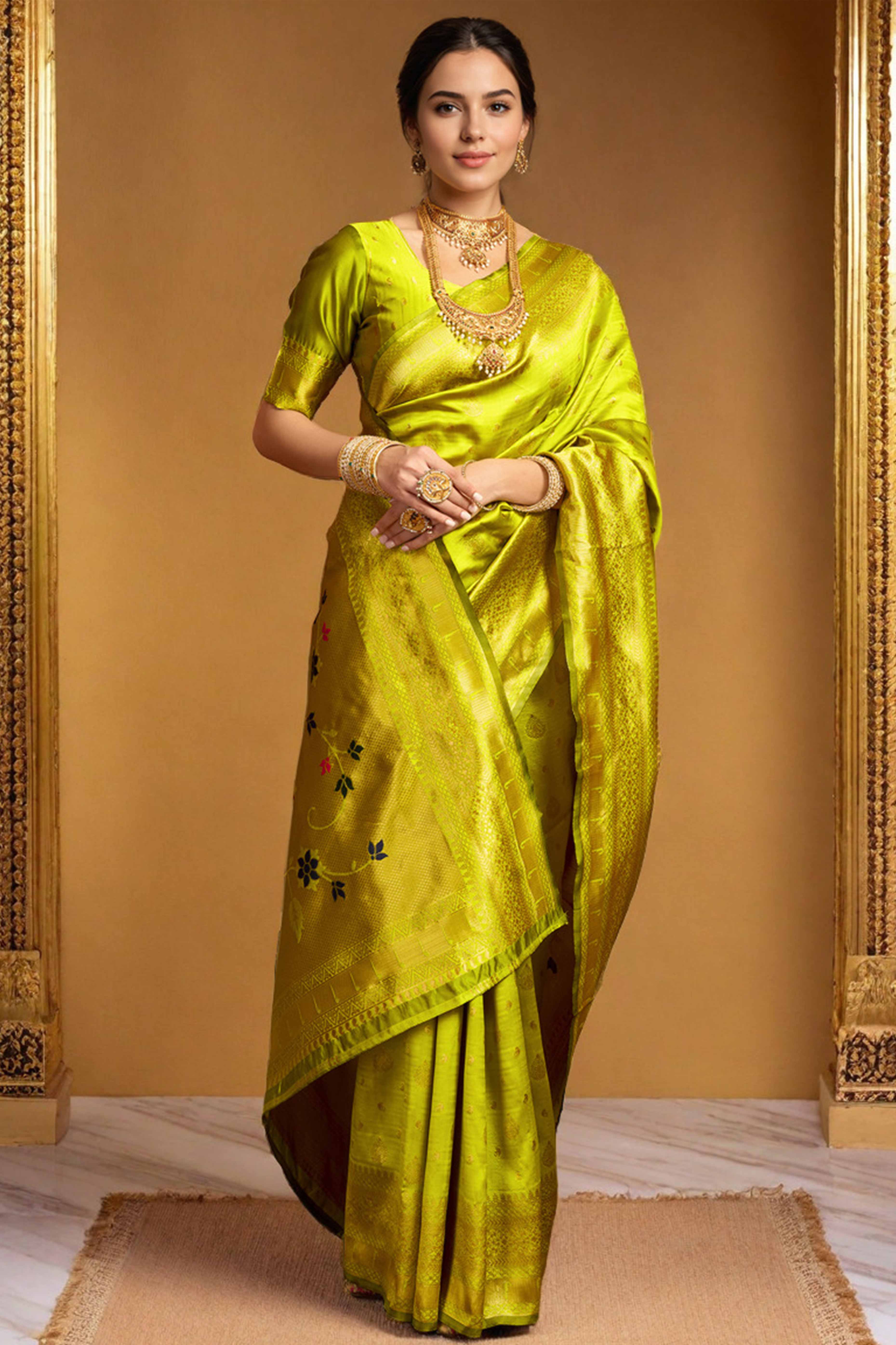 Lime Green Silk Blend Paithani Saree Showcasing Rich Zari Weaving With Birds & Floral Accents