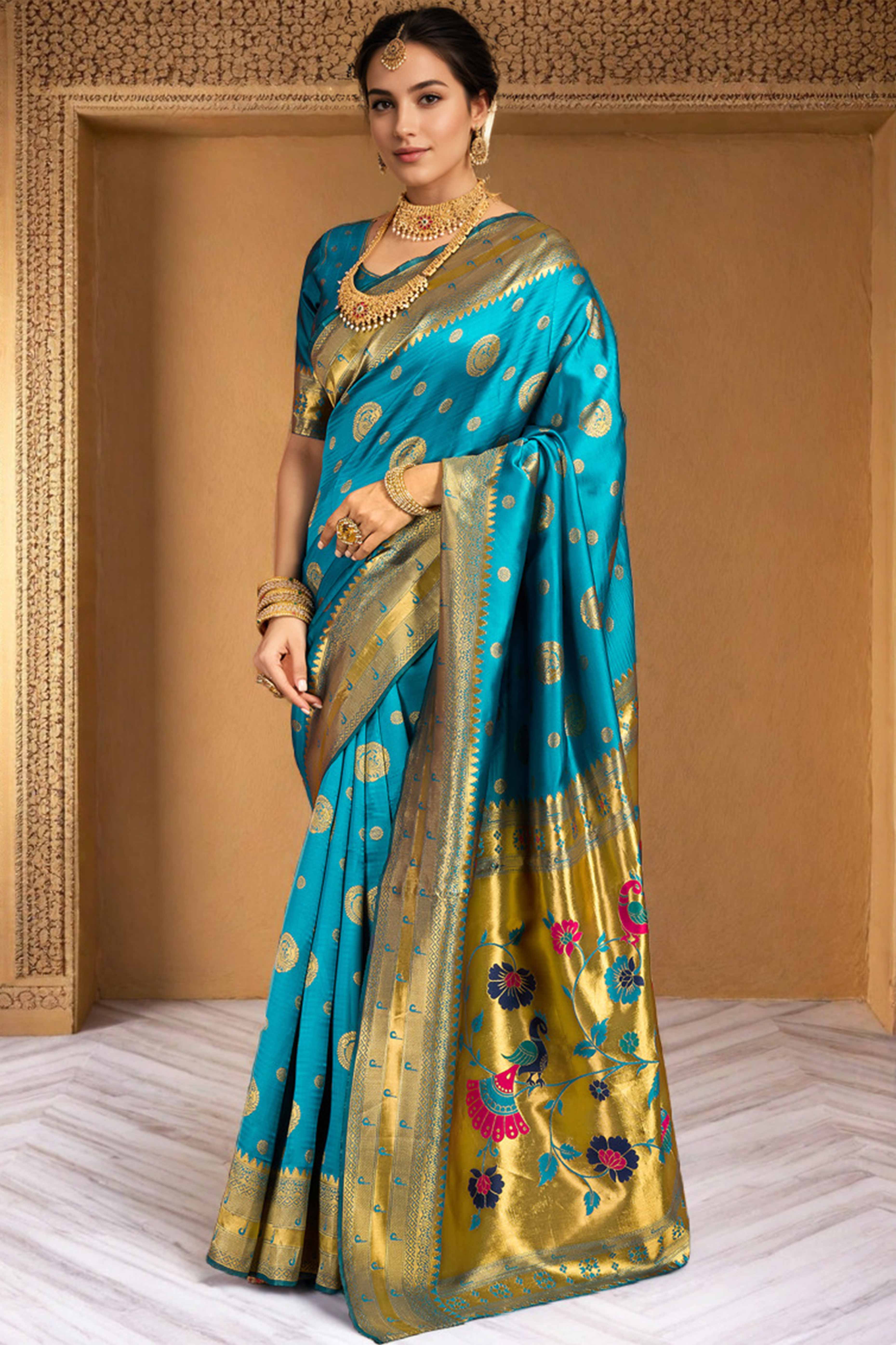Blue Paithani Silk Blend Saree Embellished With Zari Peacock & Floral Woven Patterns