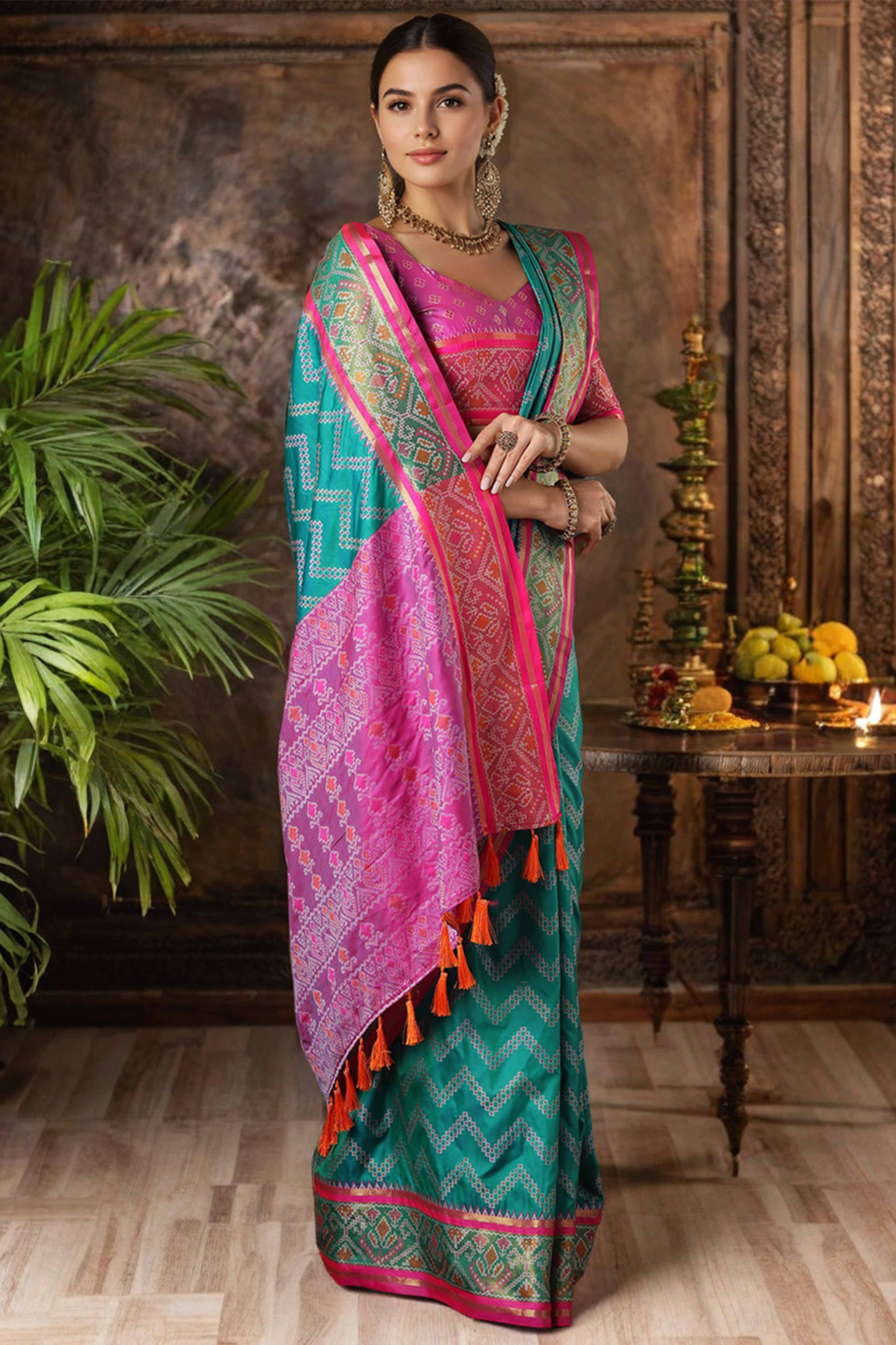 Rama Blue Silk Blend Saree With Traditional Zig Zag Patola Weaving & Tassel Pallu