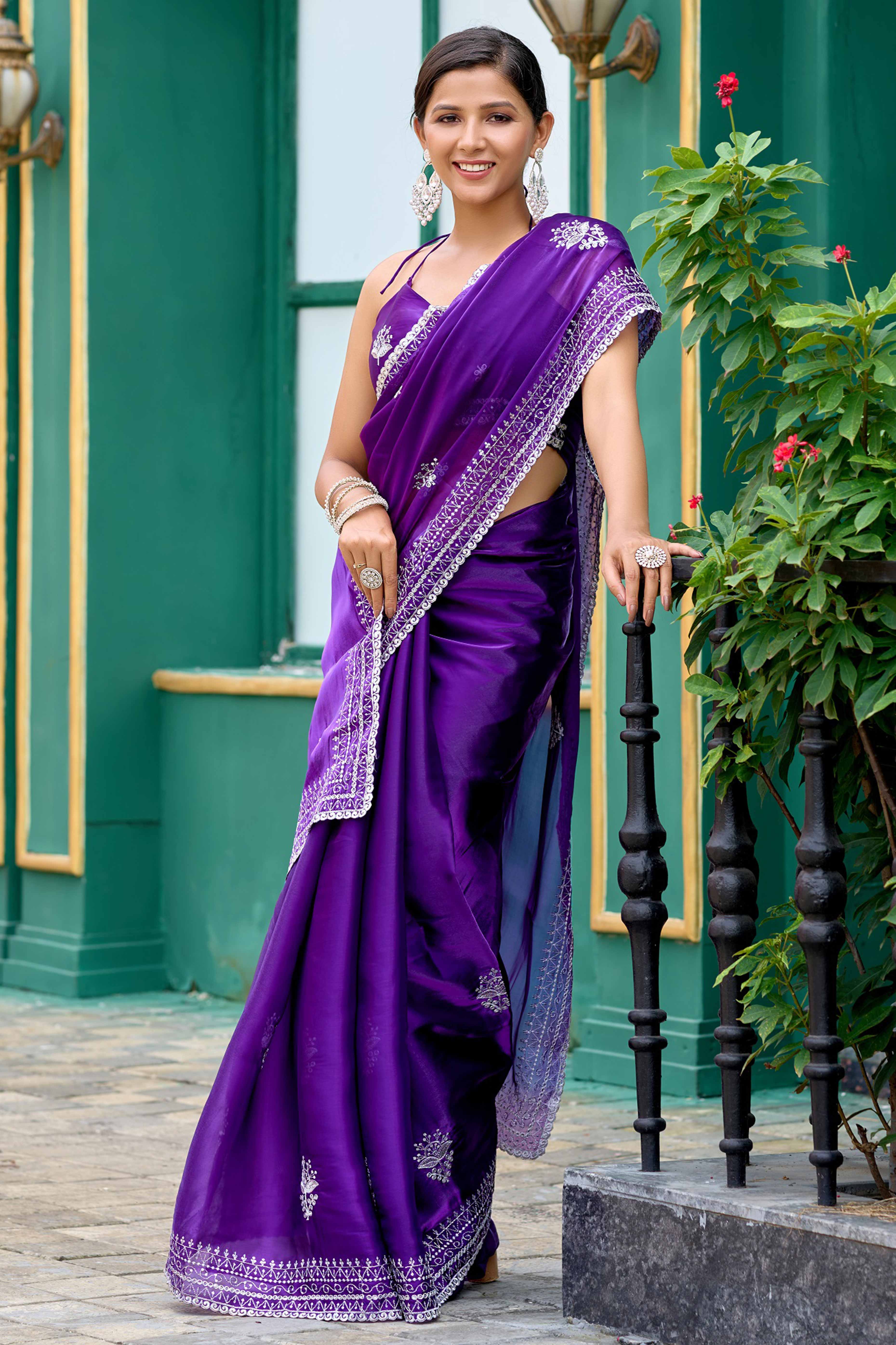 Violet Partywear Saree in Shimmer Chiffon with Sequins Embroidery
