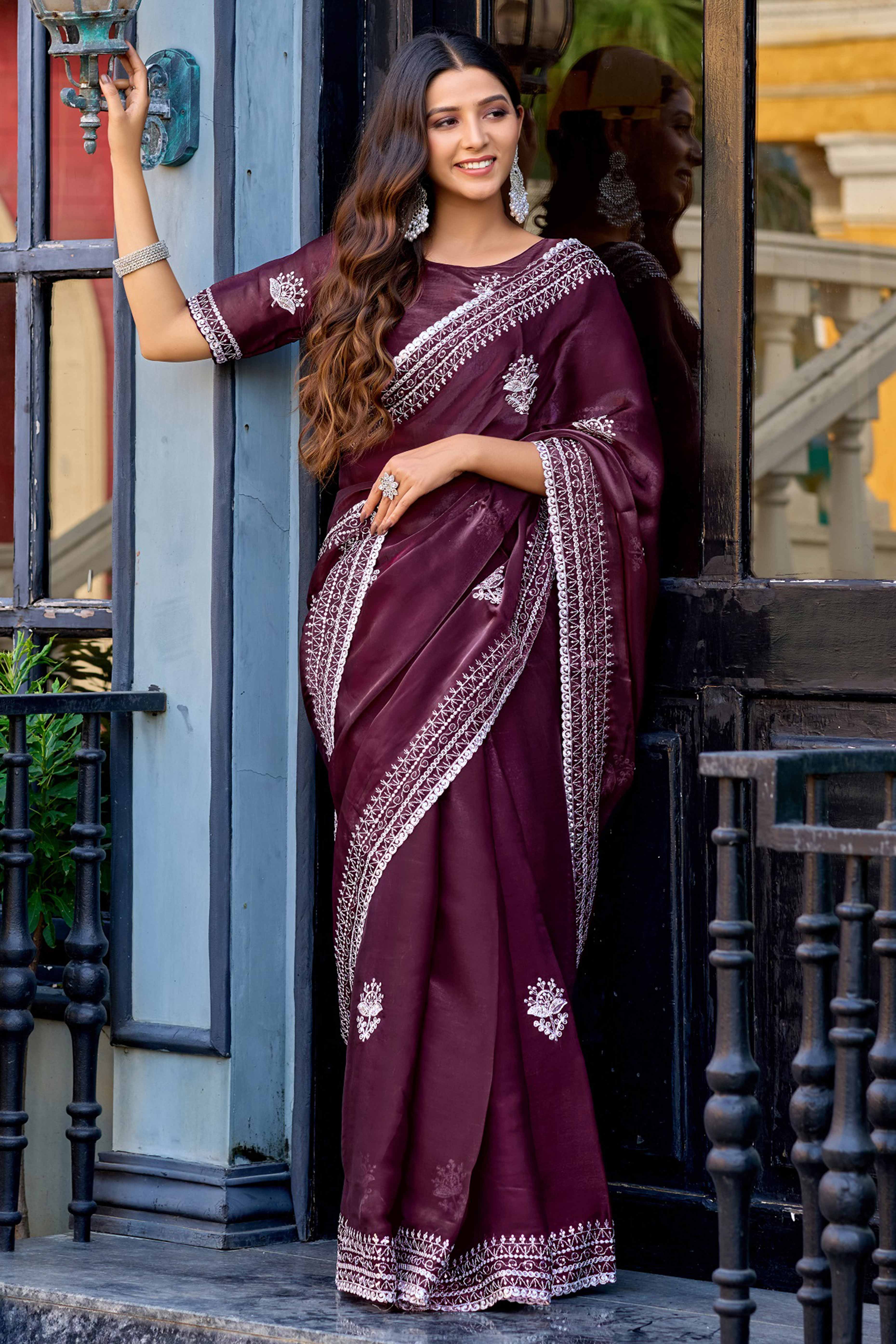 Coffee Brown Partywear Saree in Shimmer Chiffon with Sequins Embroidery