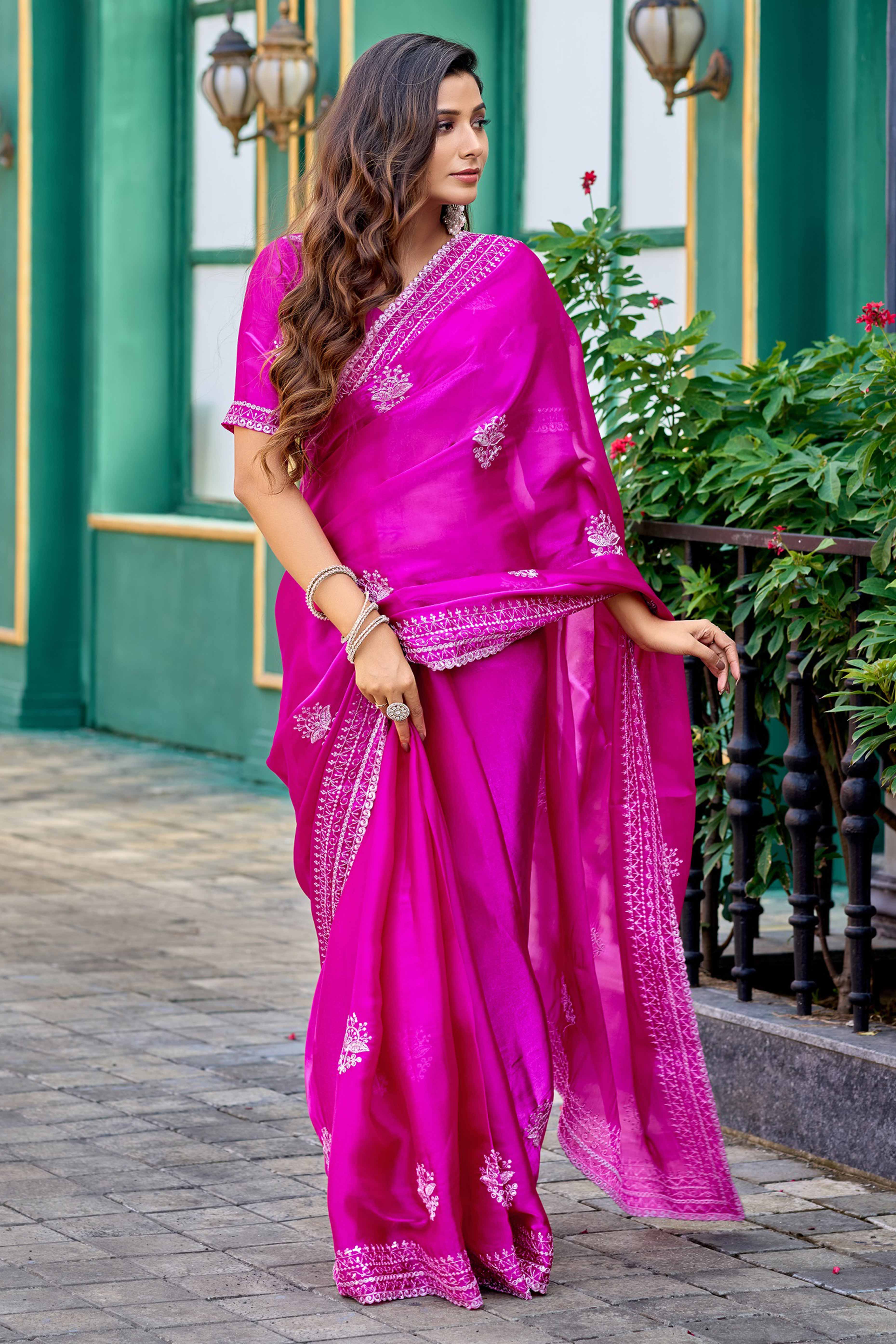 Magenta Partywear Saree in Shimmer Chiffon with Sequins Embroidery