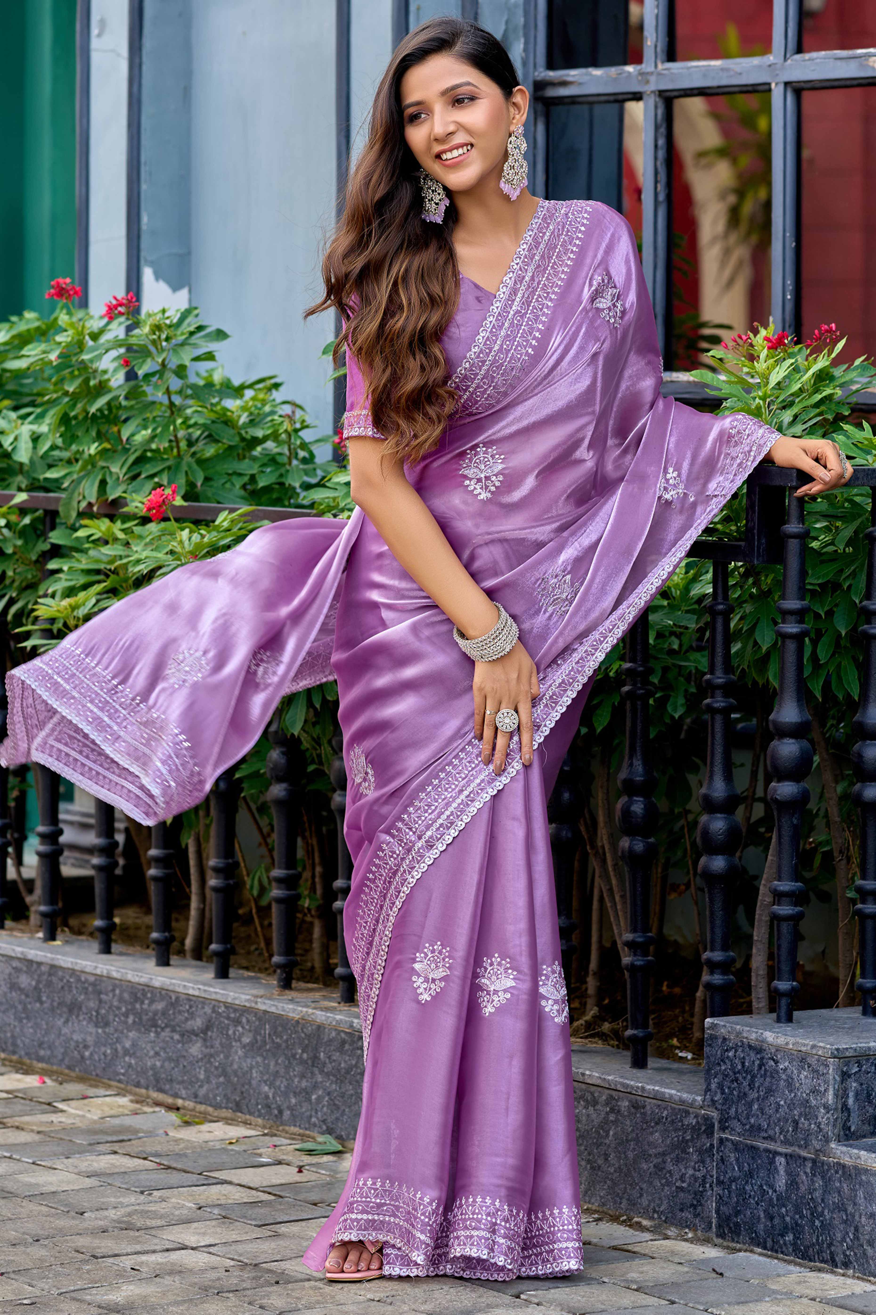 Lavender Partywear Saree in Shimmer Chiffon with Sequins Embroidery