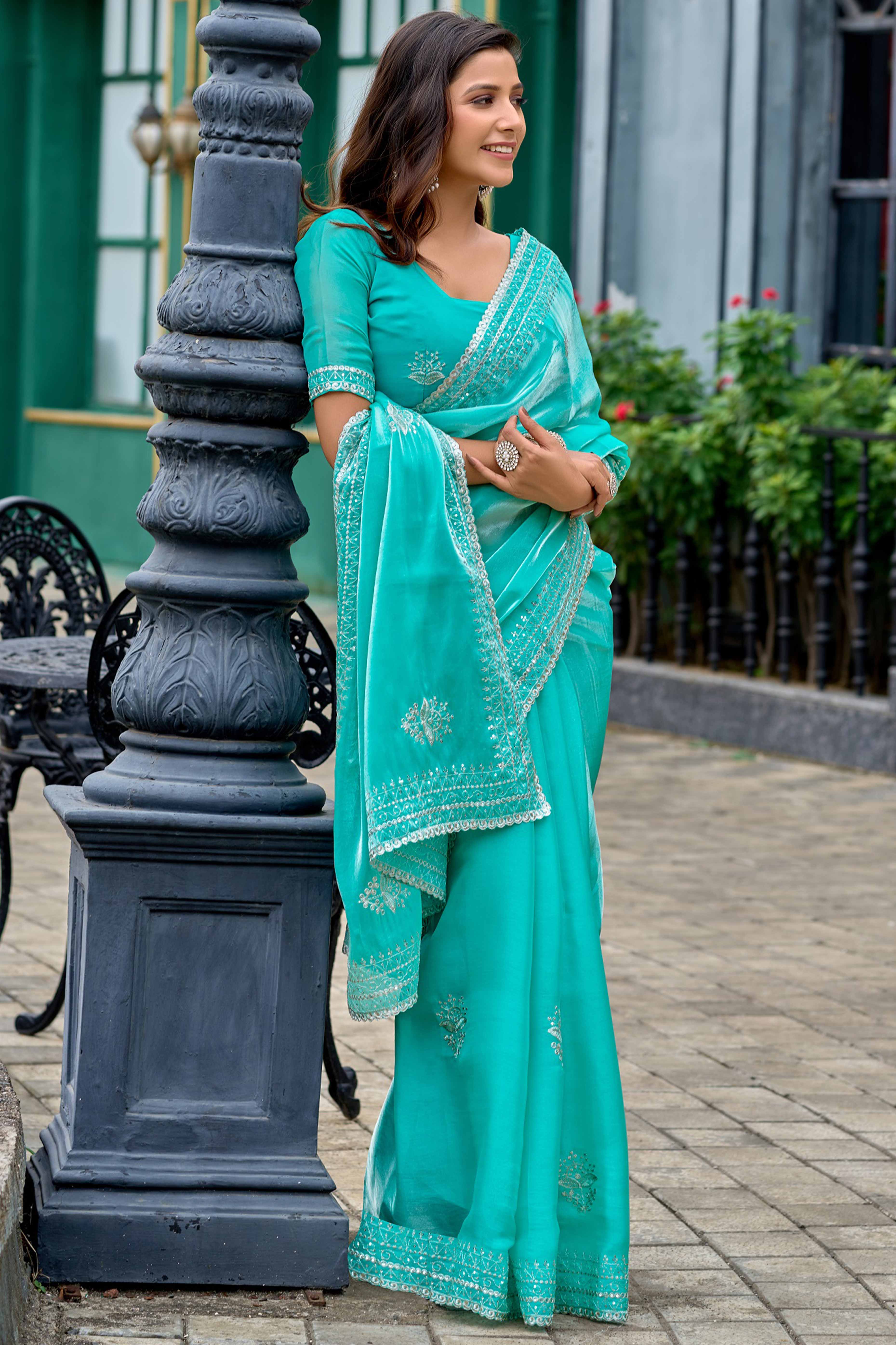 Turquoise Partywear Saree in Shimmer Chiffon with Sequins Embroidery