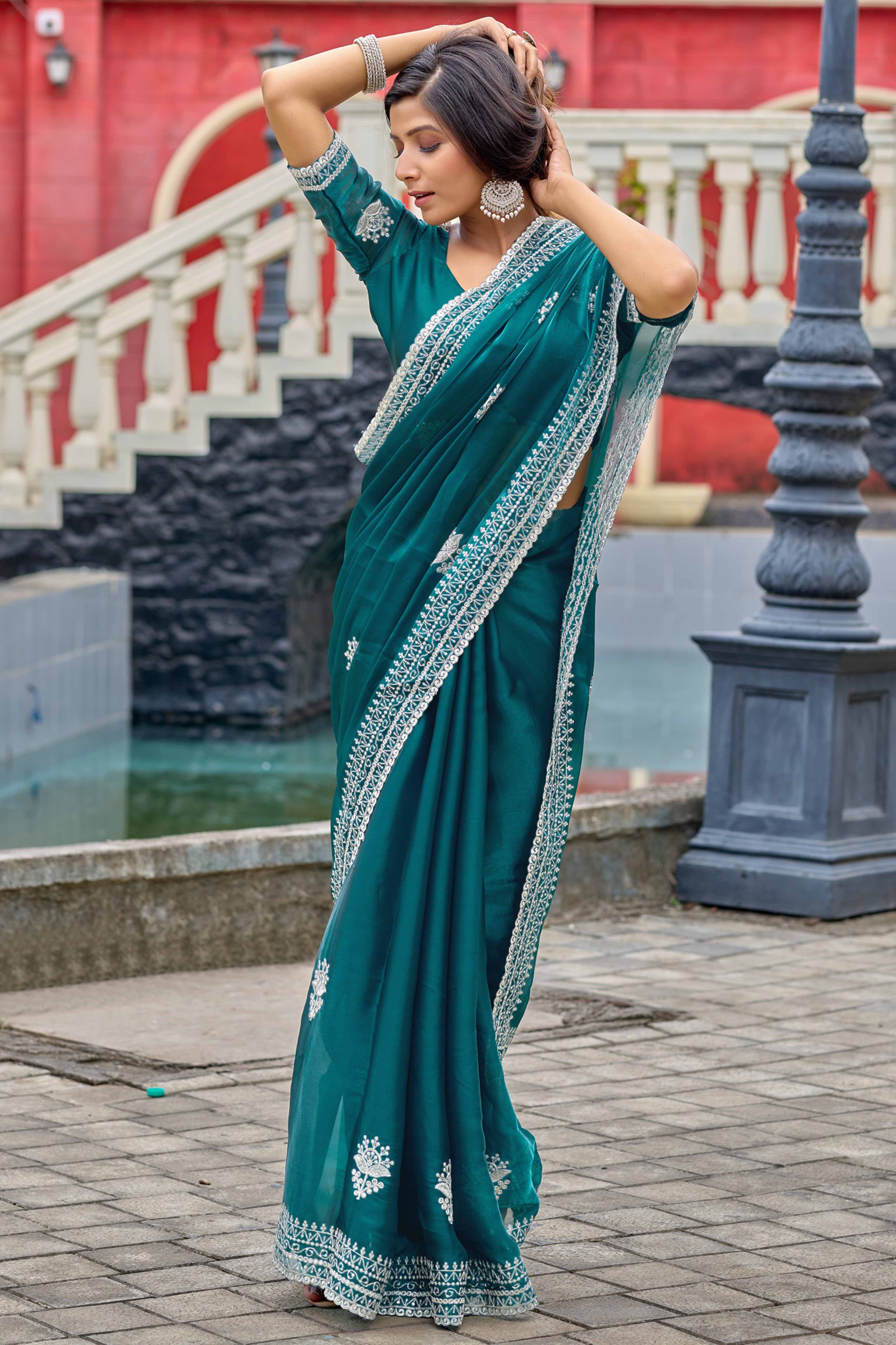 Peacock Green Partywear Saree in Shimmer Chiffon with Sequins Embroidery