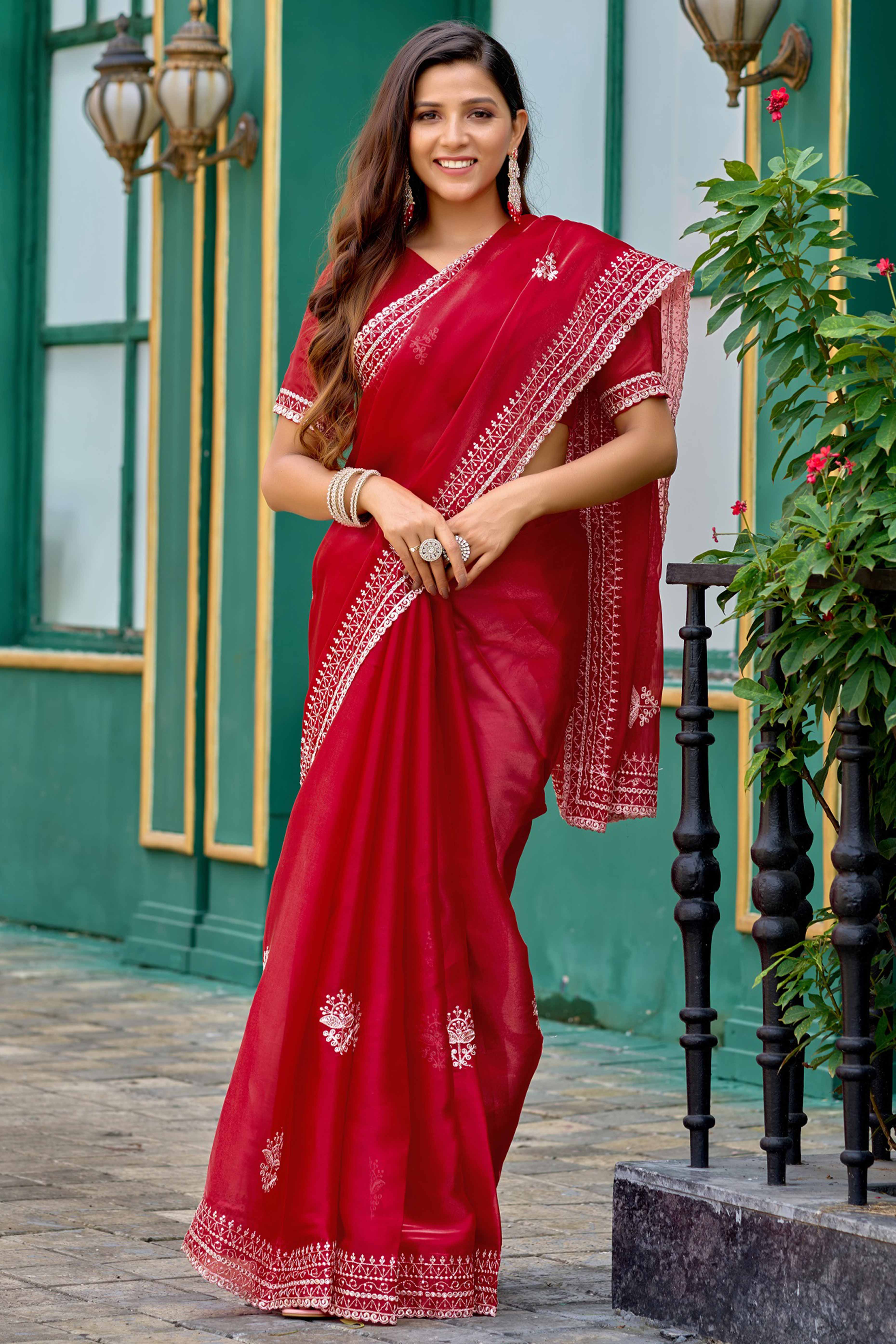 Red Partywear Saree in Shimmer Chiffon with Sequins Embroidery