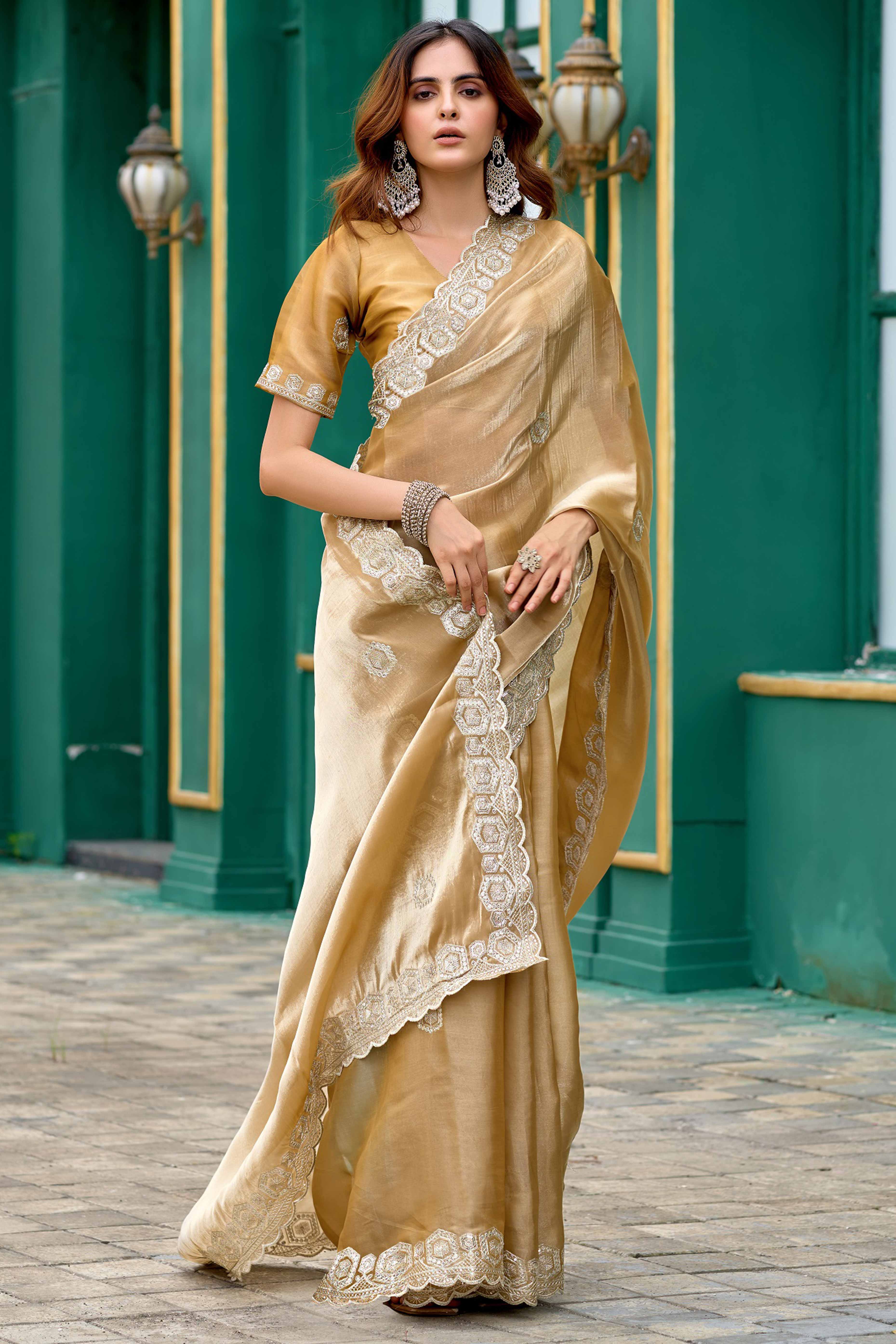 Shimmering Beige Chiffon Saree with Delicate Sequins Work