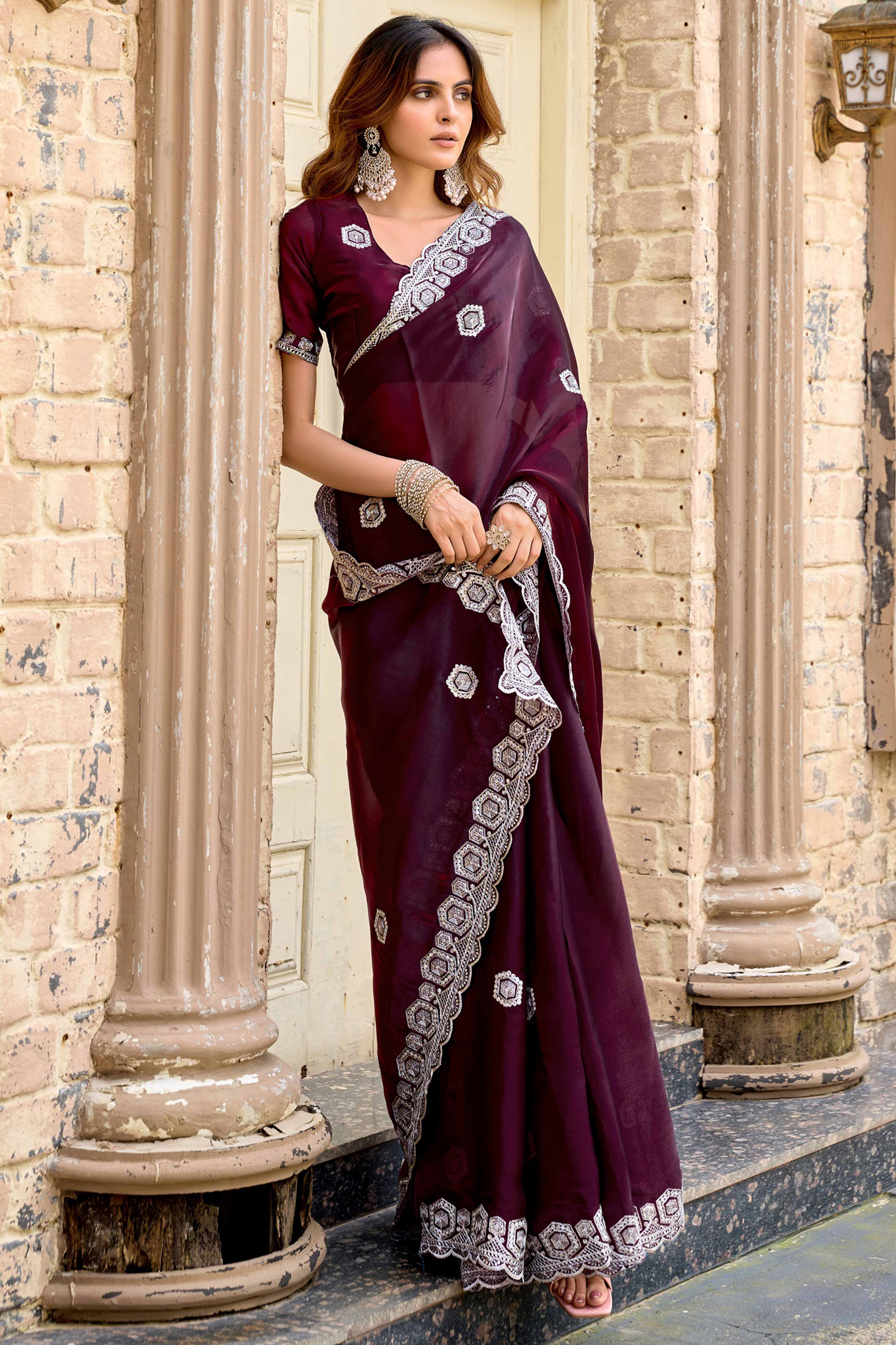 Shimmering Wine Chiffon Saree with Delicate Sequins Work