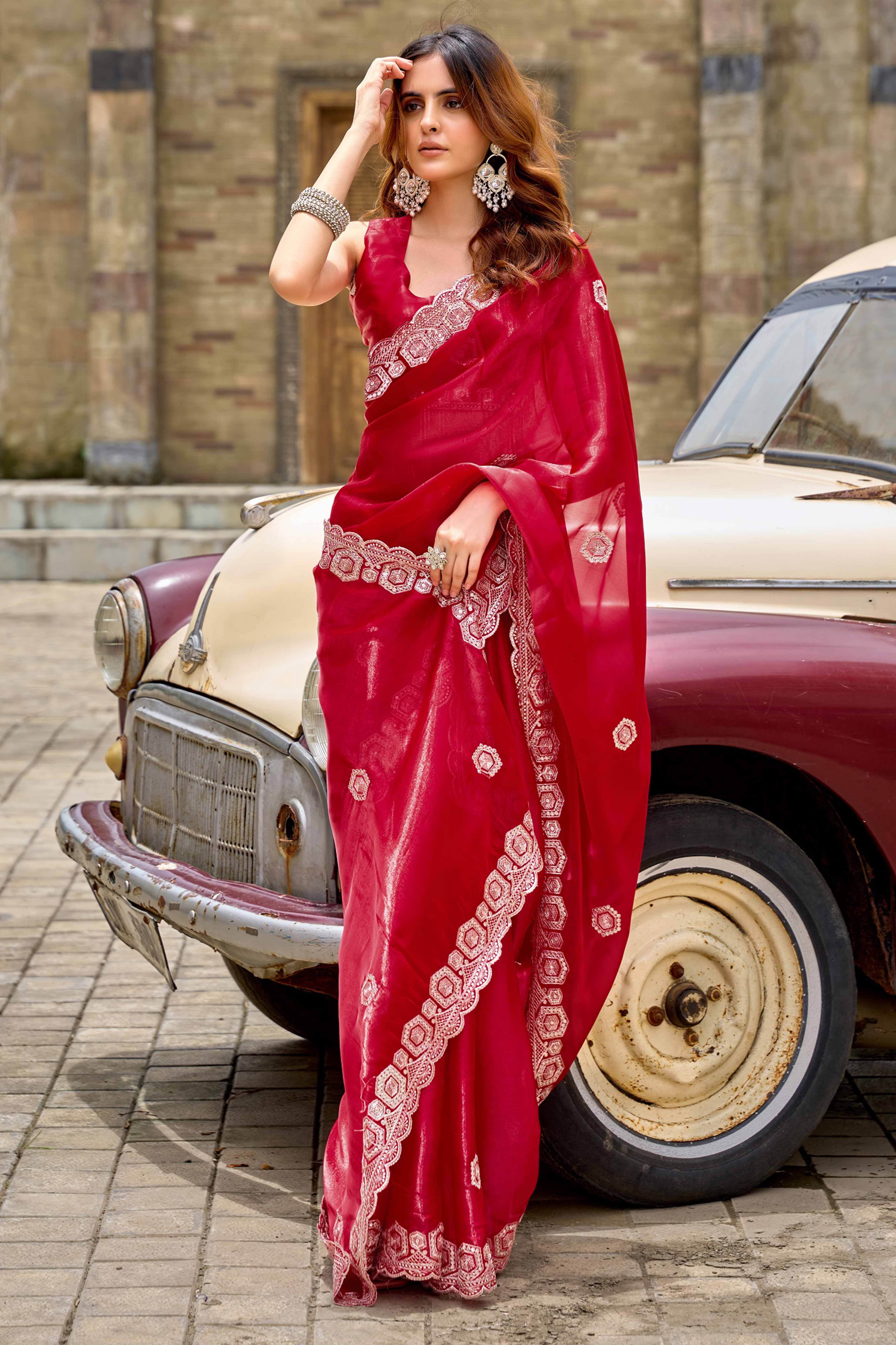 Shimmering Red Chiffon Saree with Delicate Sequins Work