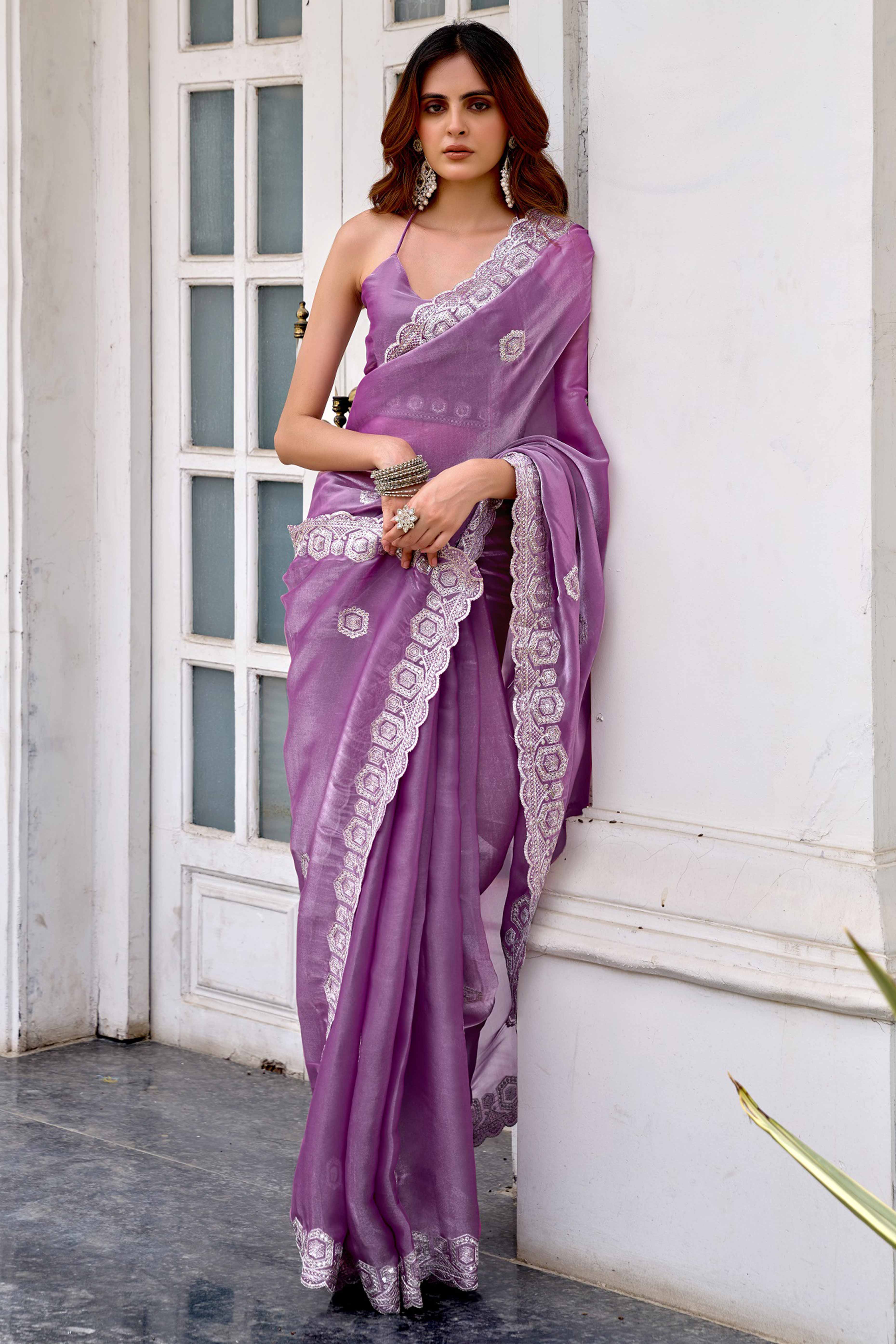 Shimmering Lavender Chiffon Saree with Delicate Sequins Work