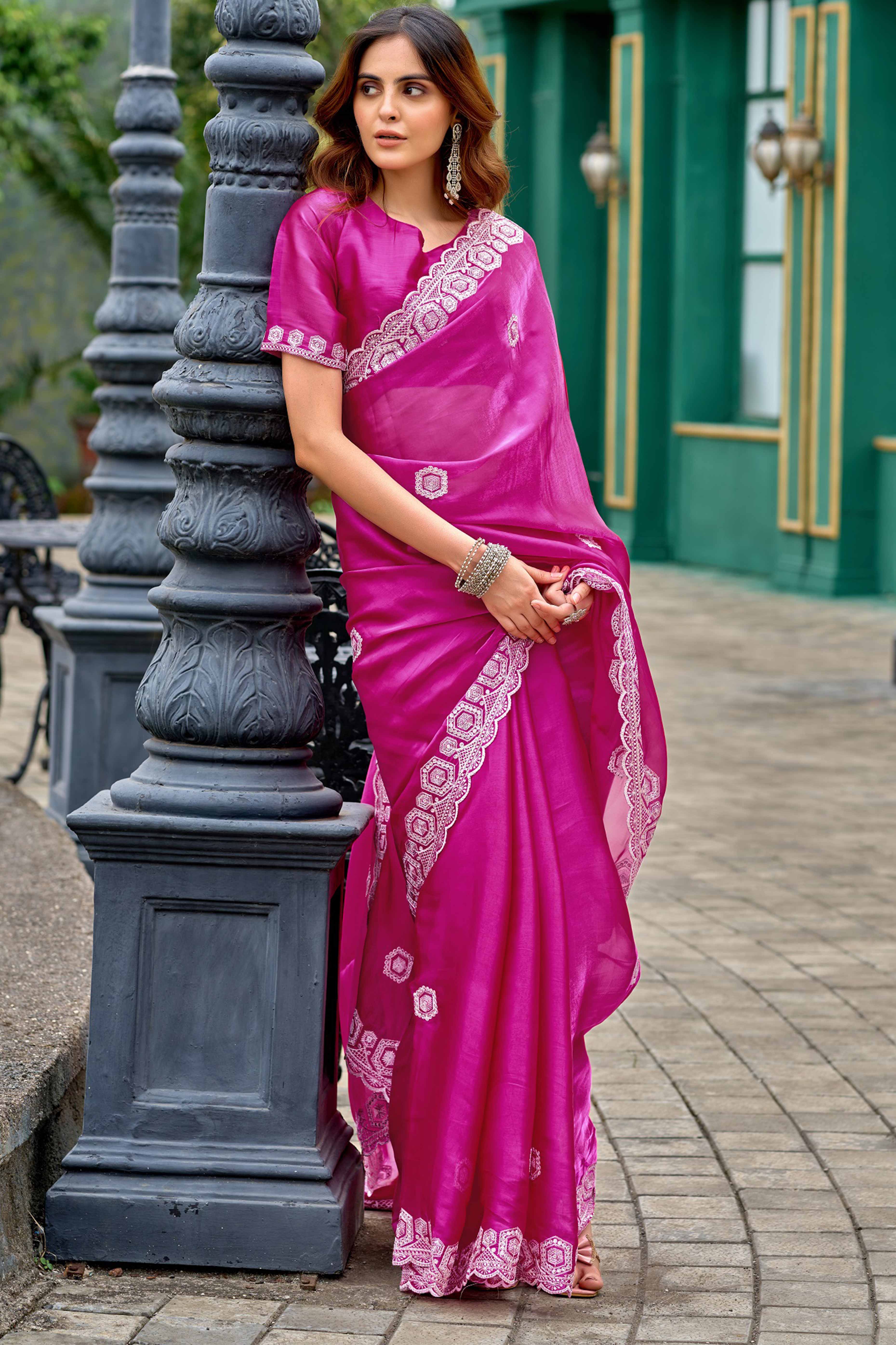 Shimmering Pink Chiffon Saree with Delicate Sequins Work