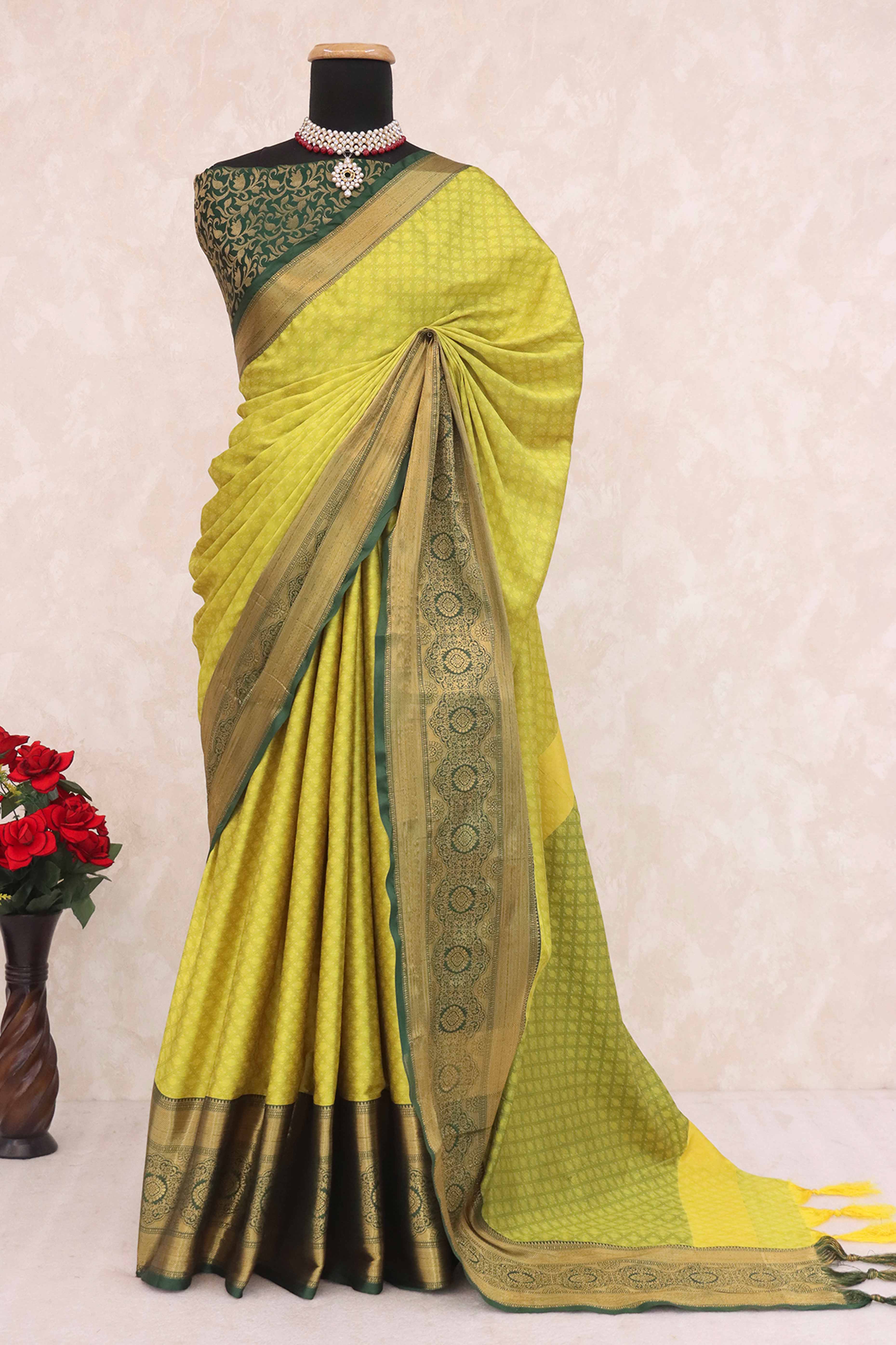 Lemon Green Silk Blend Saree With Detailed Zari Weaving & Tassel Embellishments