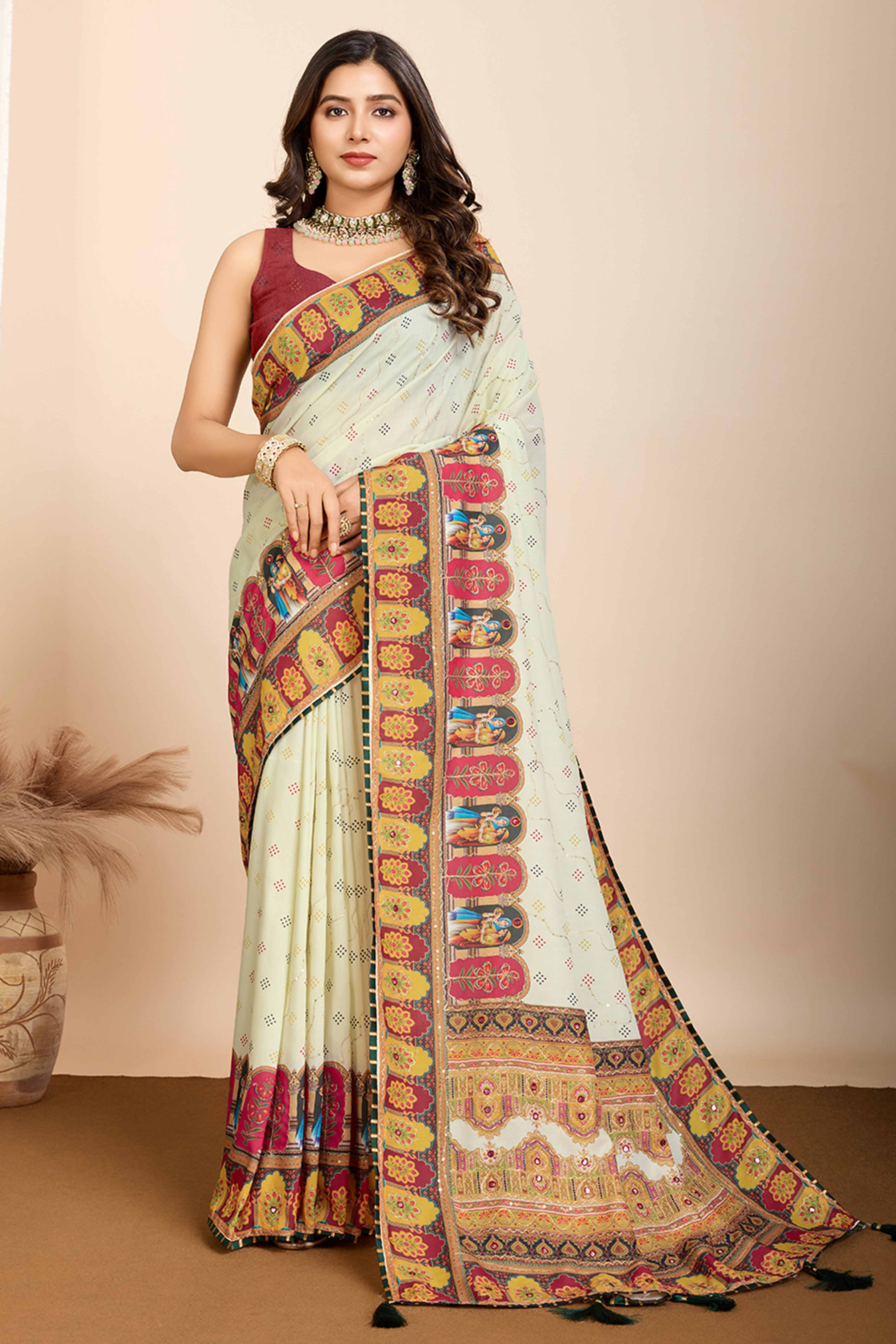 Pista Green Digital Print with Embroidery Work Muslin Saree
