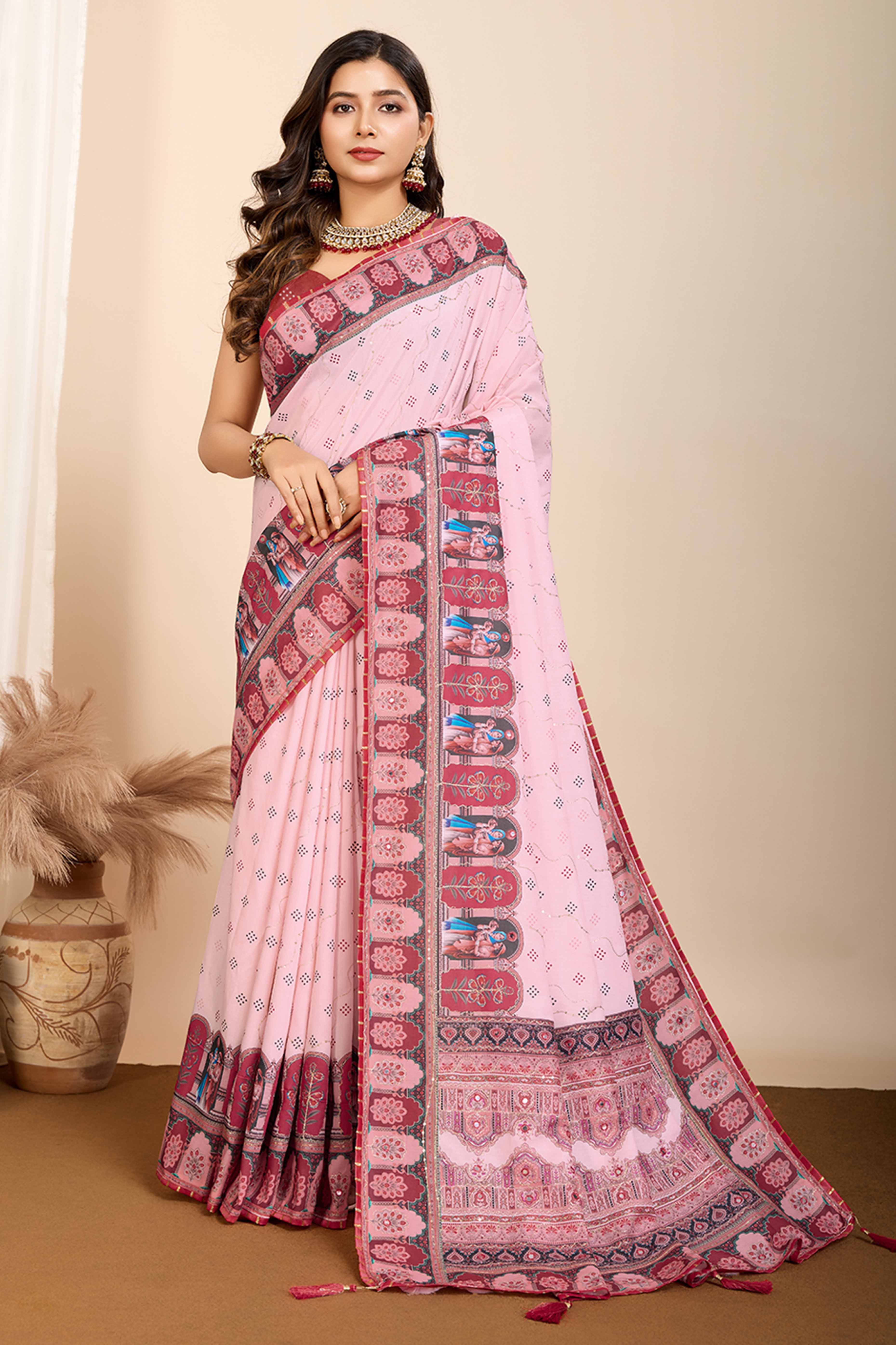 Pink Digital Print with Embroidery Work Muslin Saree