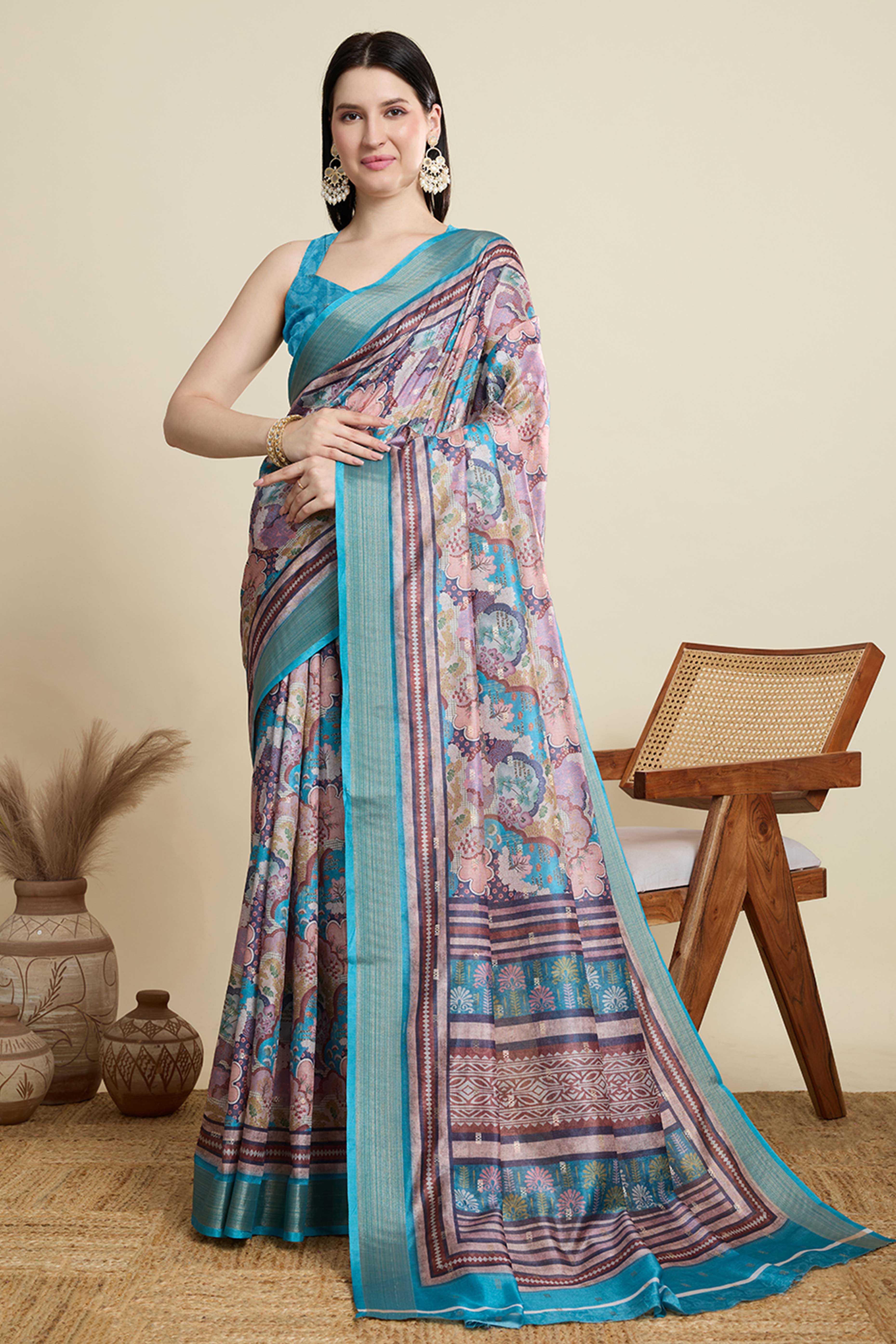 Multicolor Cotton Blend Saree Featuring Floral Prints and a Festive Zari Border Accent