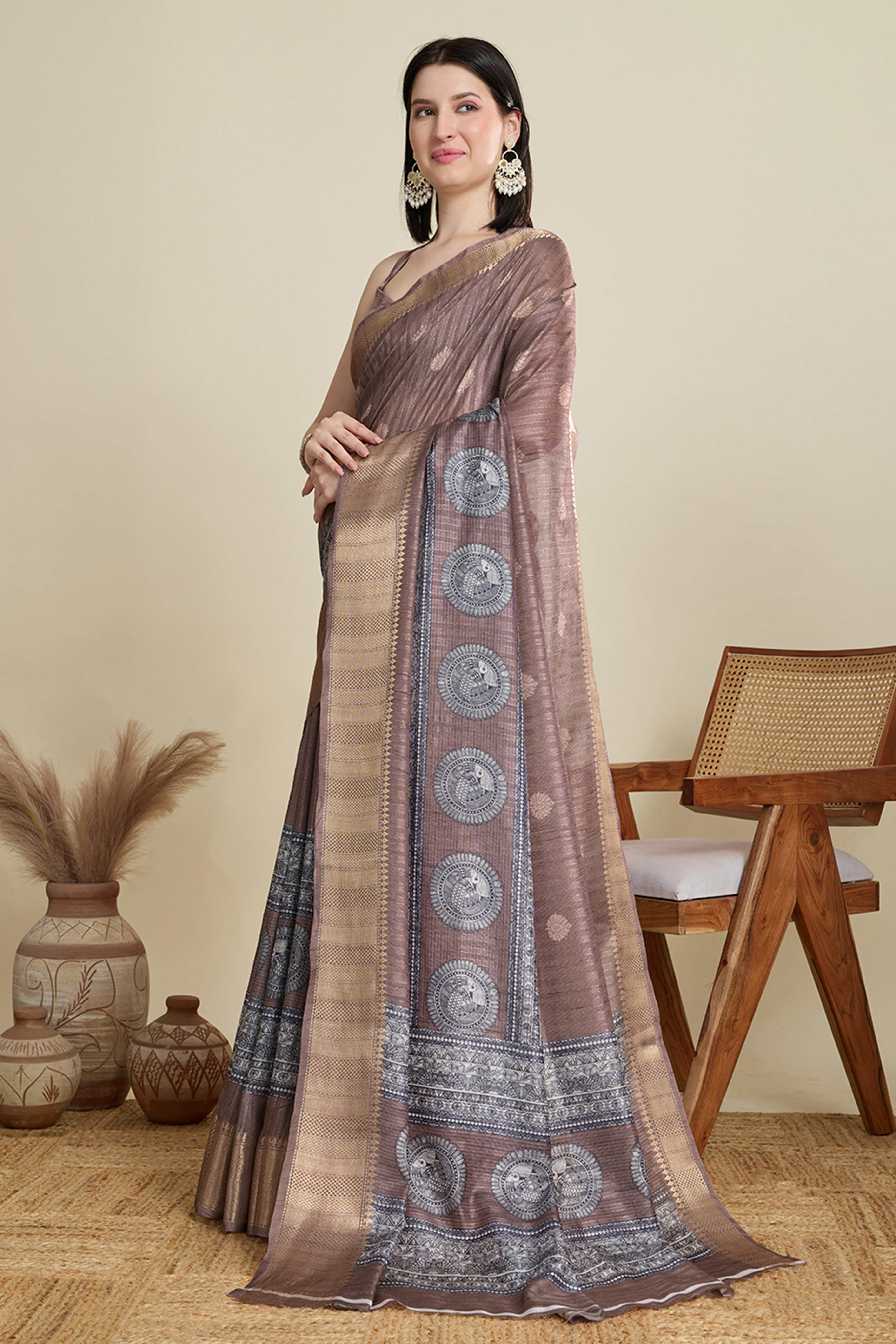 Coffee Brown Cotton Blend Saree Featuring Floral Prints and a Festive Zari Border Accent