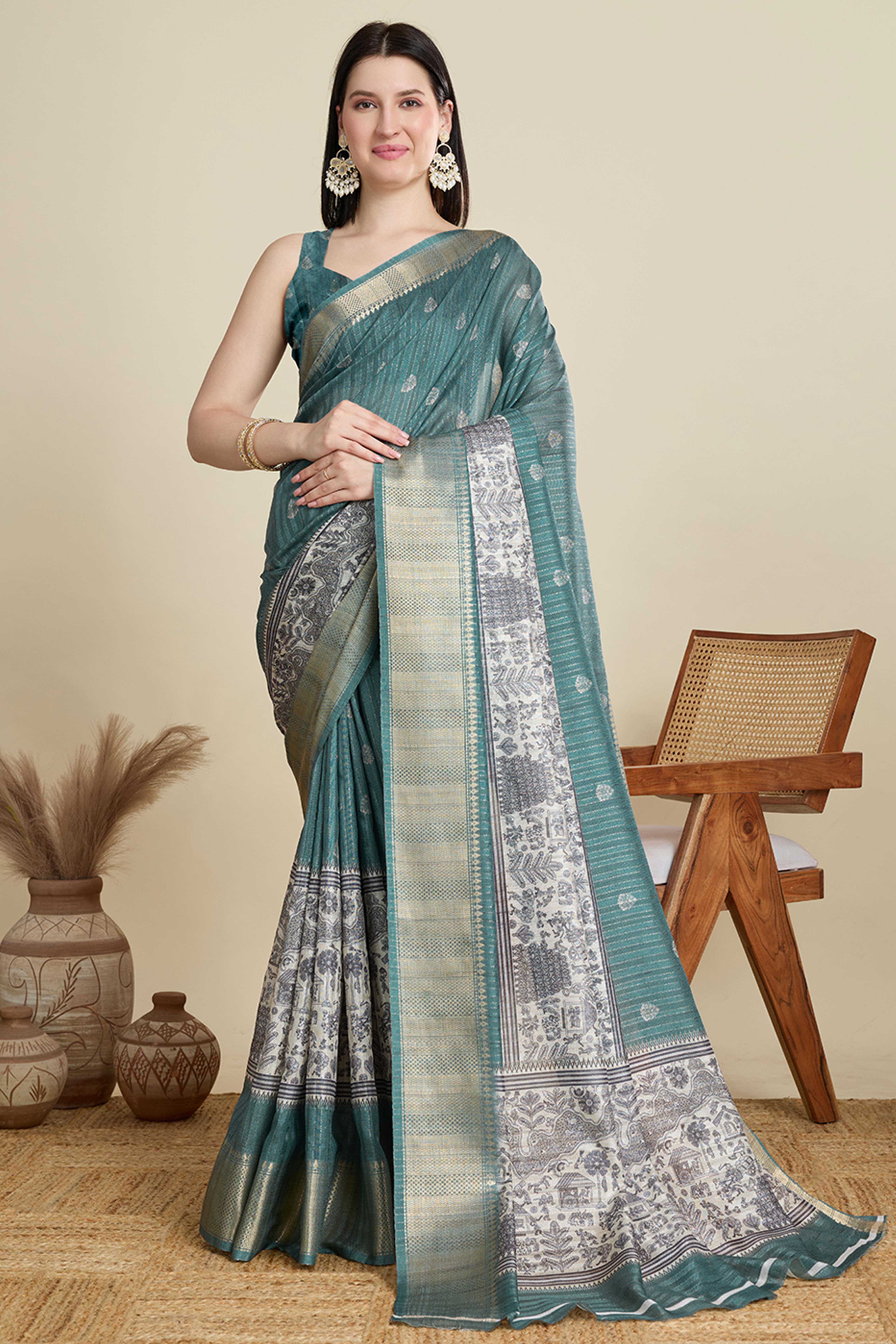 Sea Green Cotton Blend Saree Featuring Floral Prints and a Festive Zari Border Accent