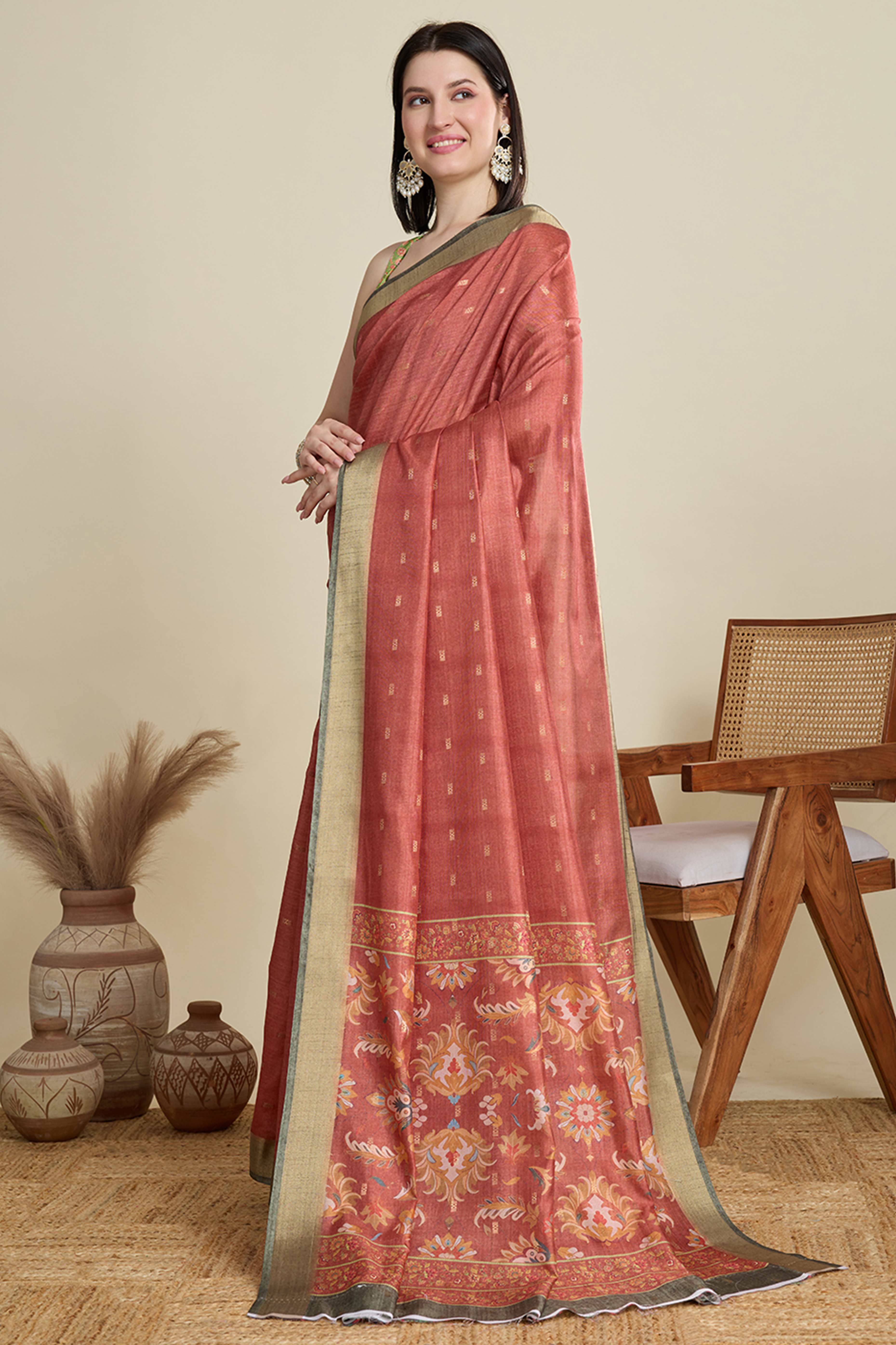 Rust Cotton Blend Saree with Traditional Weaving Butti Work and Gleaming Zari Border