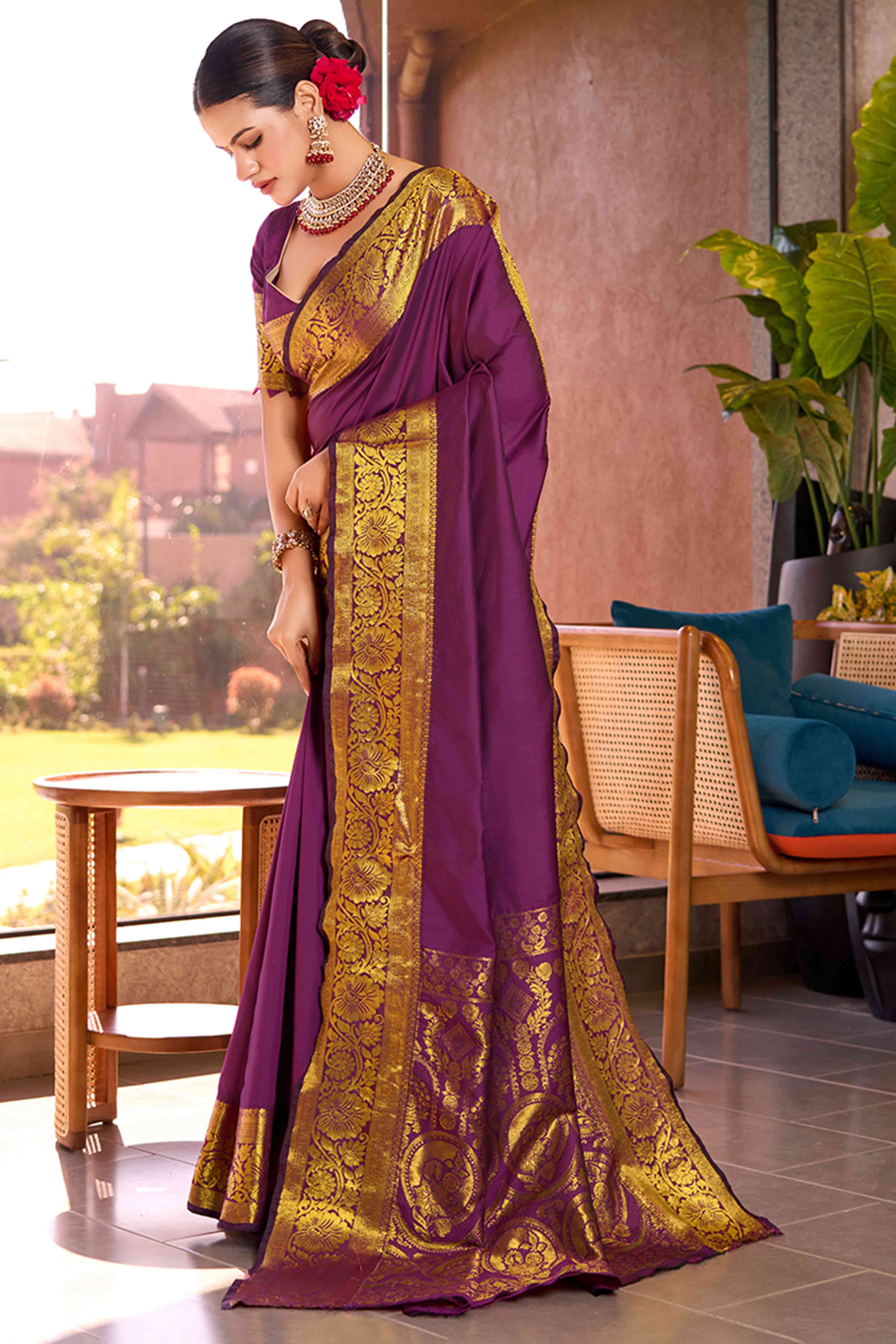 Let Your Style Shine With Purple Floral Woven Pure Silk Saree