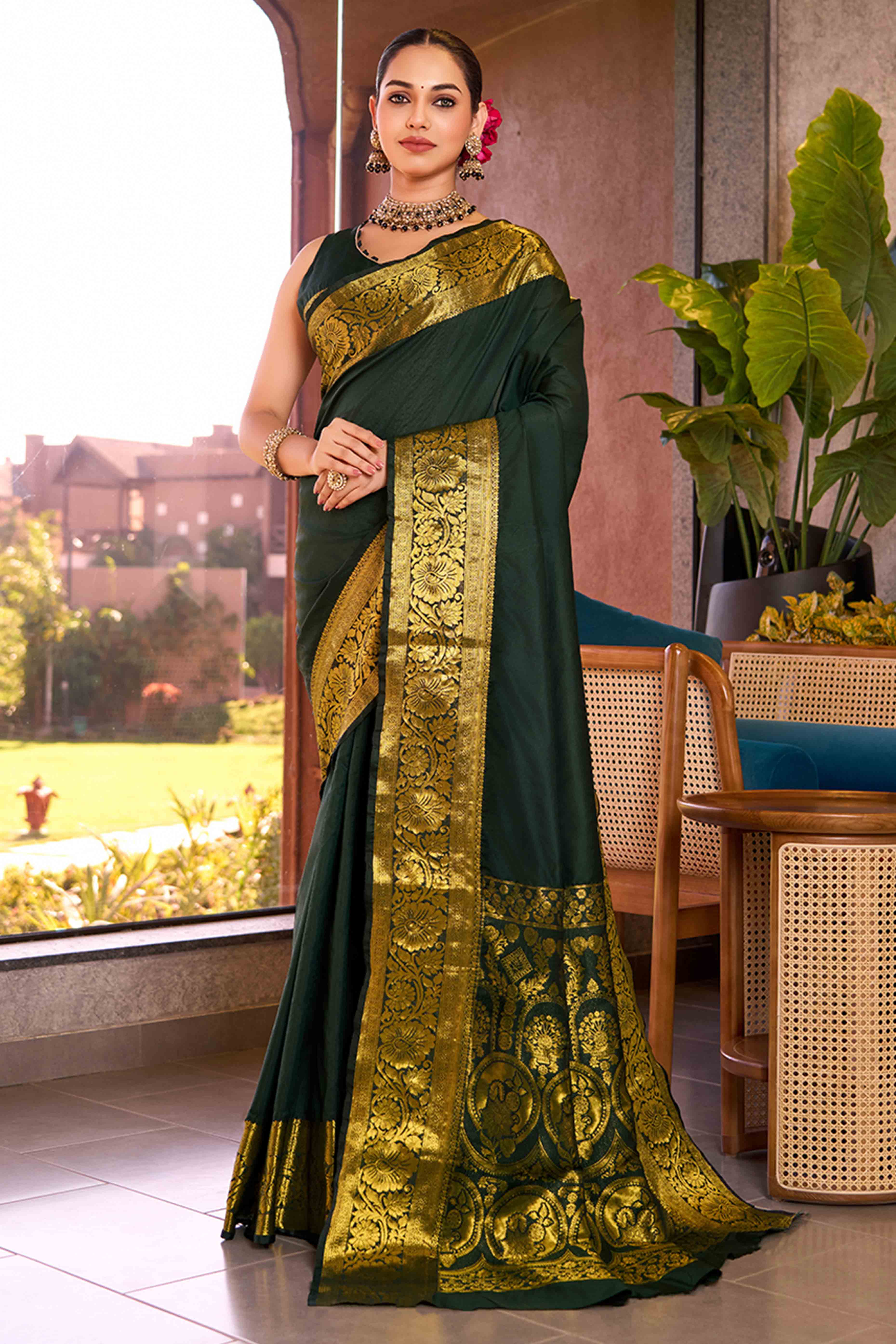 Step Into Elegance With Green Floral Zari Woven Pure Silk Saree