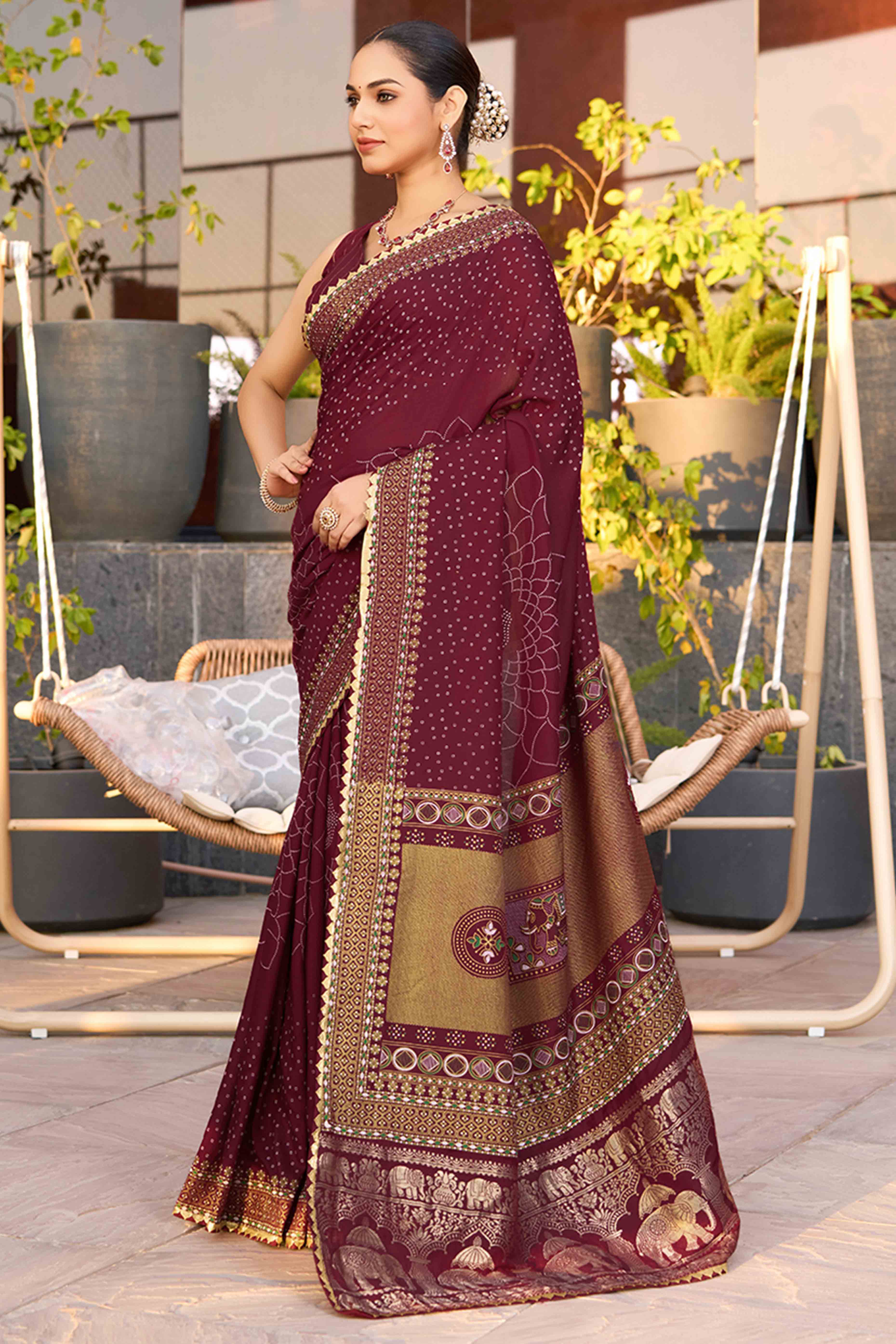 Feel The Luxury Of Maroon Bandhani Foil Printed Cotton Silk Sarree With Lace Border