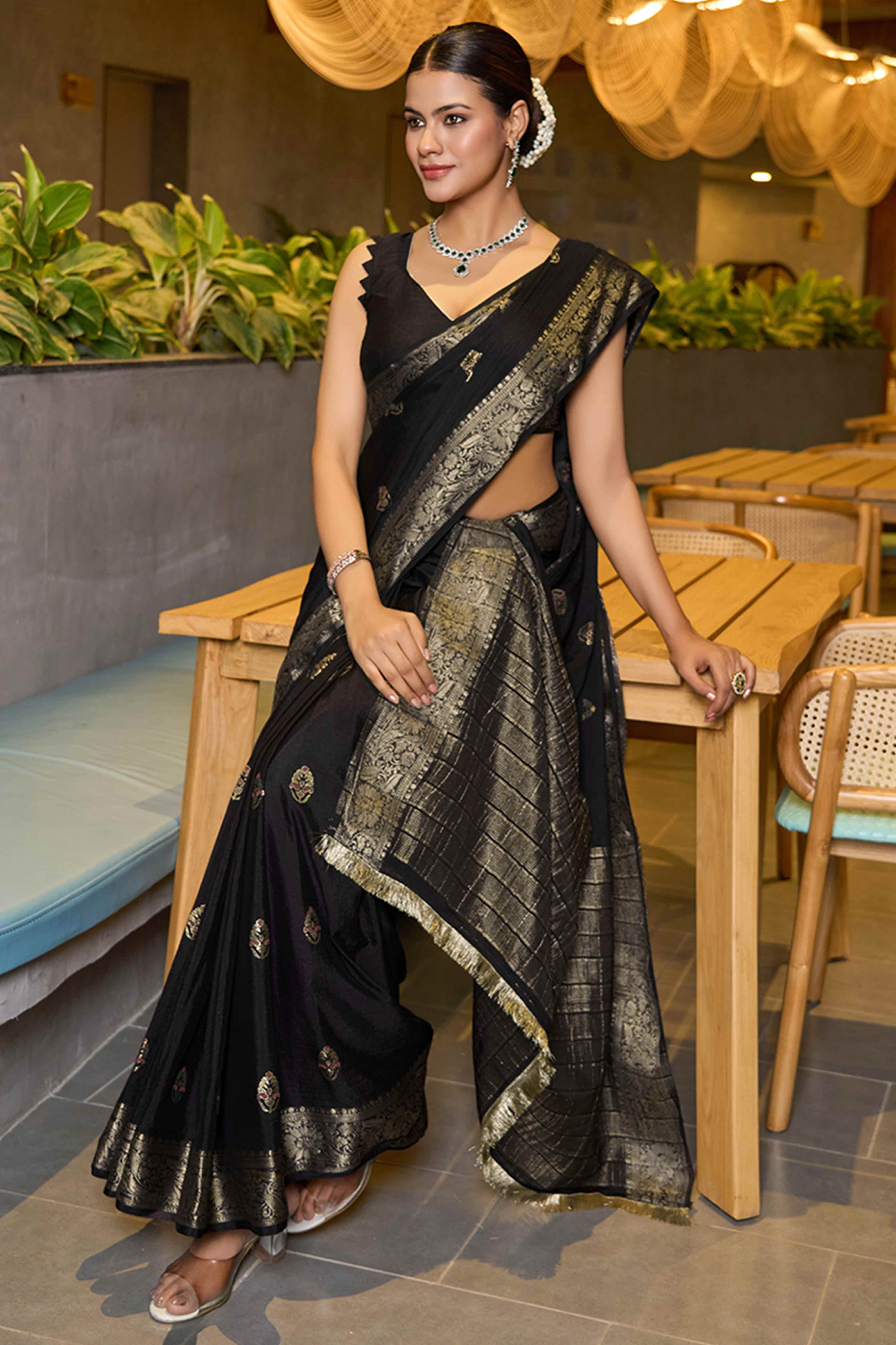 Feel The Luxury Of Black Floral Woven Chinon Silk Saree